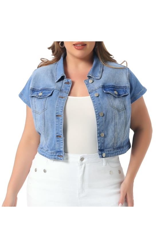 Women's Plus Button Down Cap Sleeve Cropped Jacket 1X Light Blue