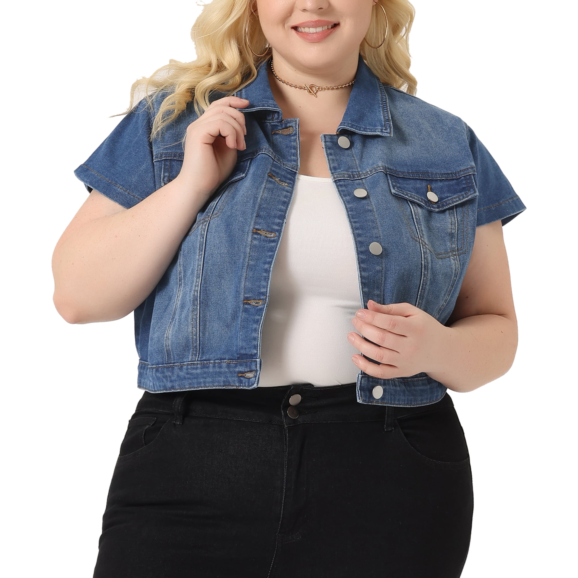 DARING DIVA Women's Plus Button Down Cap Sleeve Cropped Jacket 4X Mid Blue