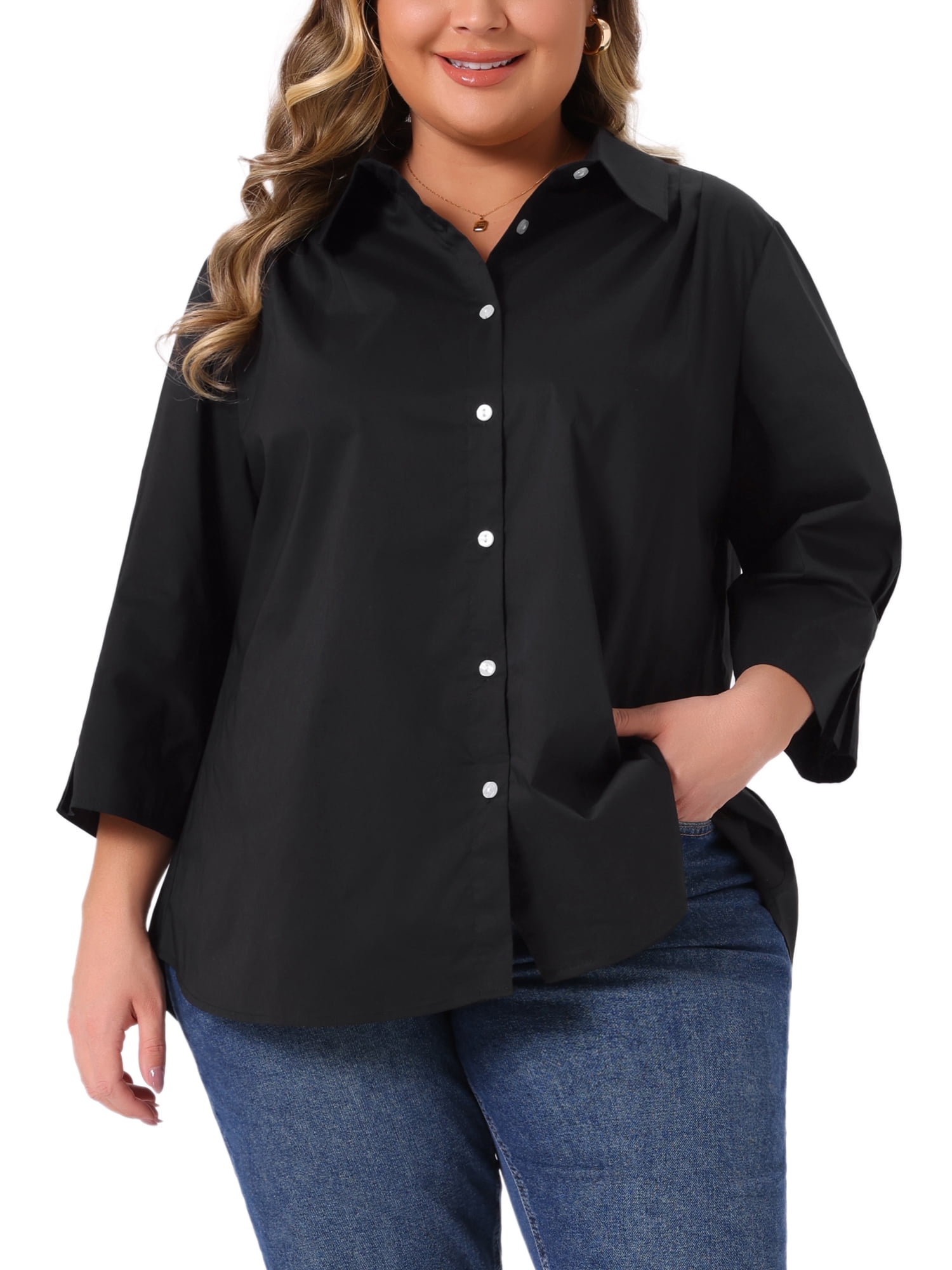 DARING DIVA Women's Plus Button Down Collar Pleated 3/4 Sleeve Casual Blouses 2X Black