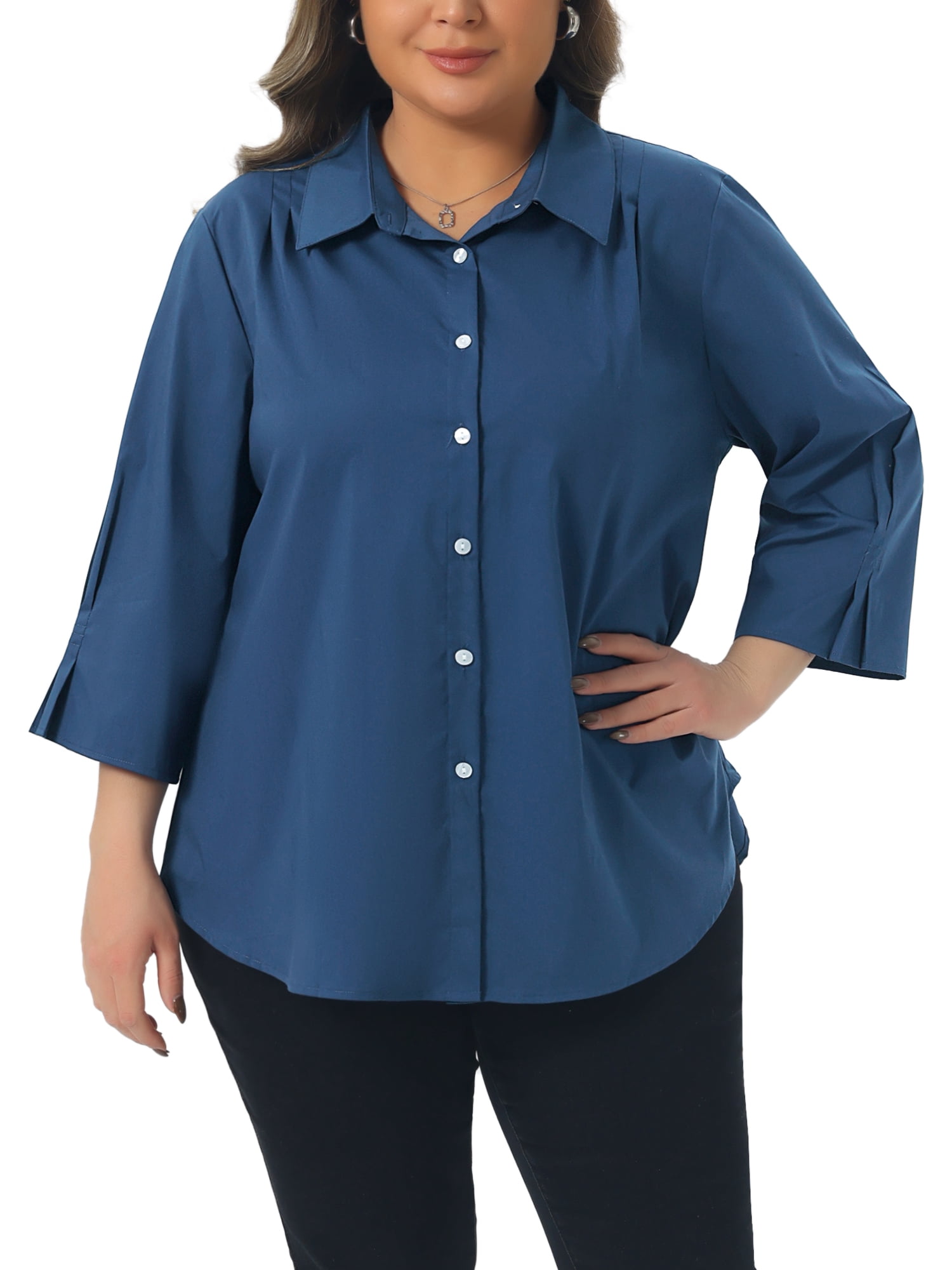 DARING DIVA Women's Plus Button Down Collar Pleated Casual Blouses 3X Dark Blue