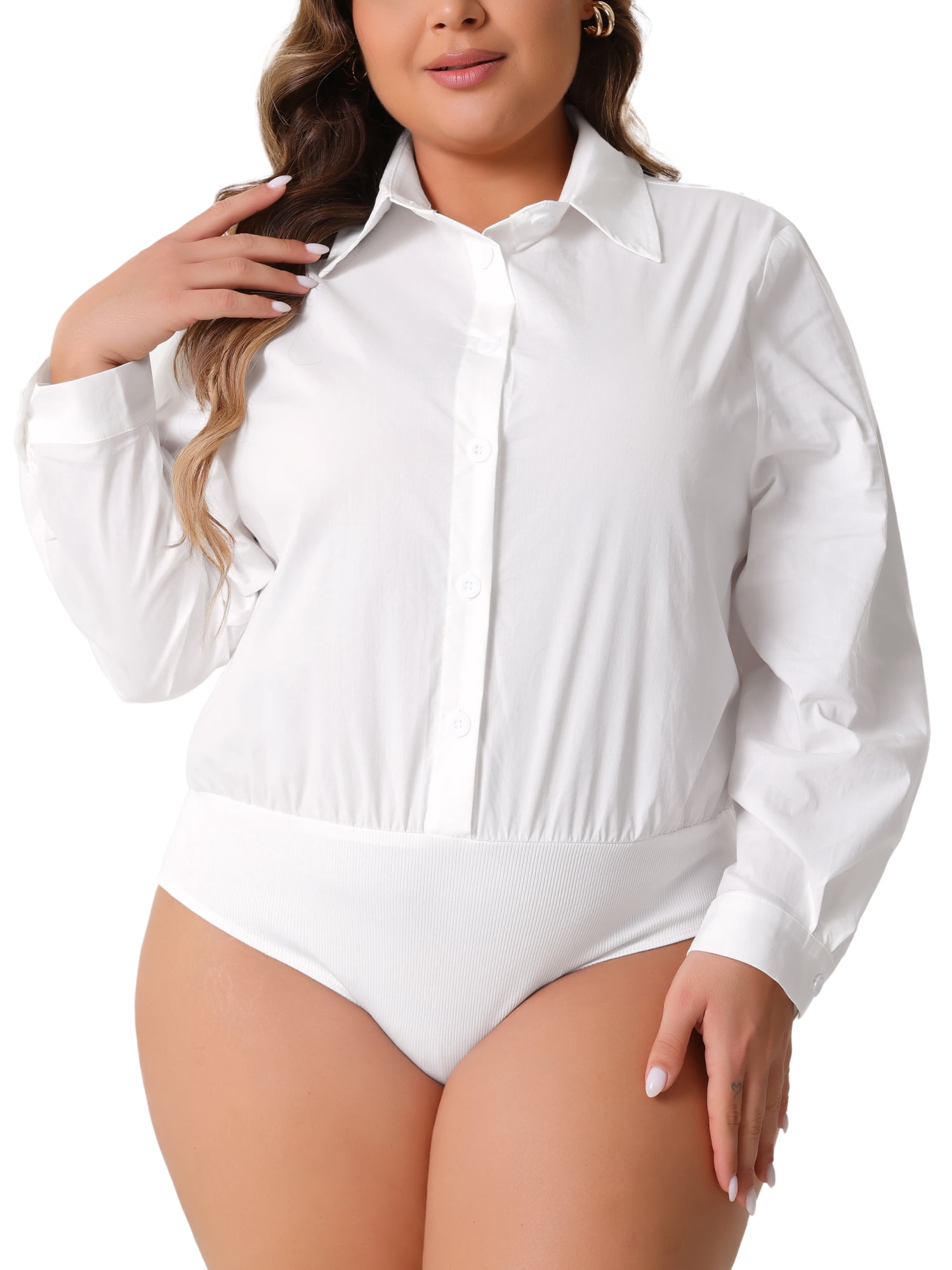DARING DIVA Women's Plus Button Down Long Sleeve Blouse 1X White