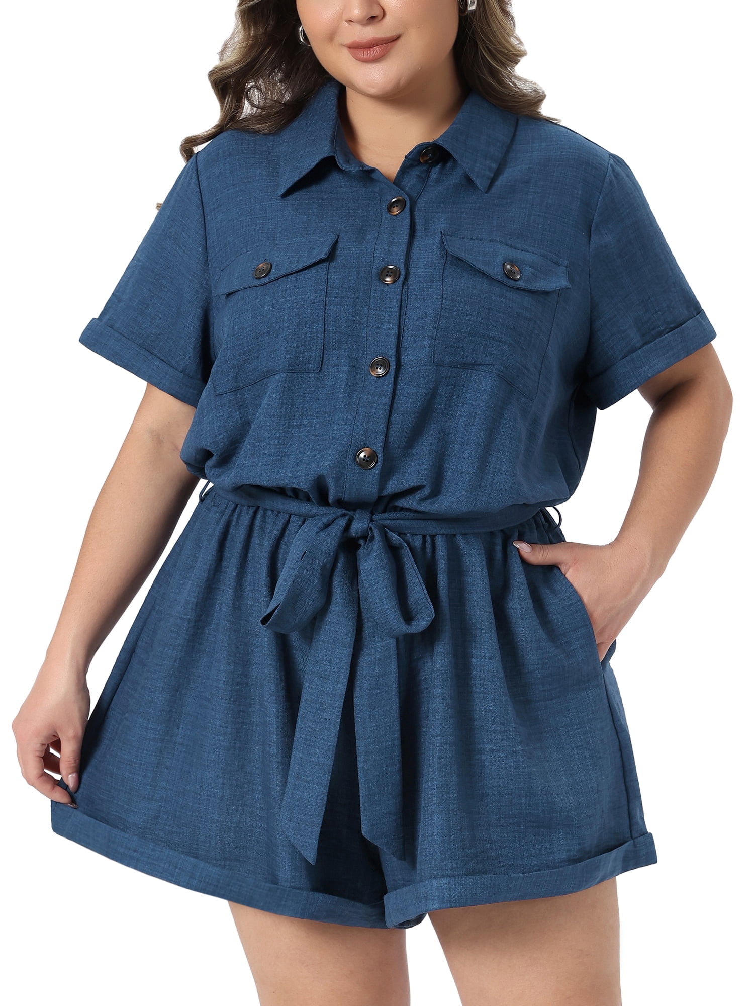 DARING DIVA Women's Plus Button Down Roll Short Sleeve Belted Jumpsuits 2X Dark Blue