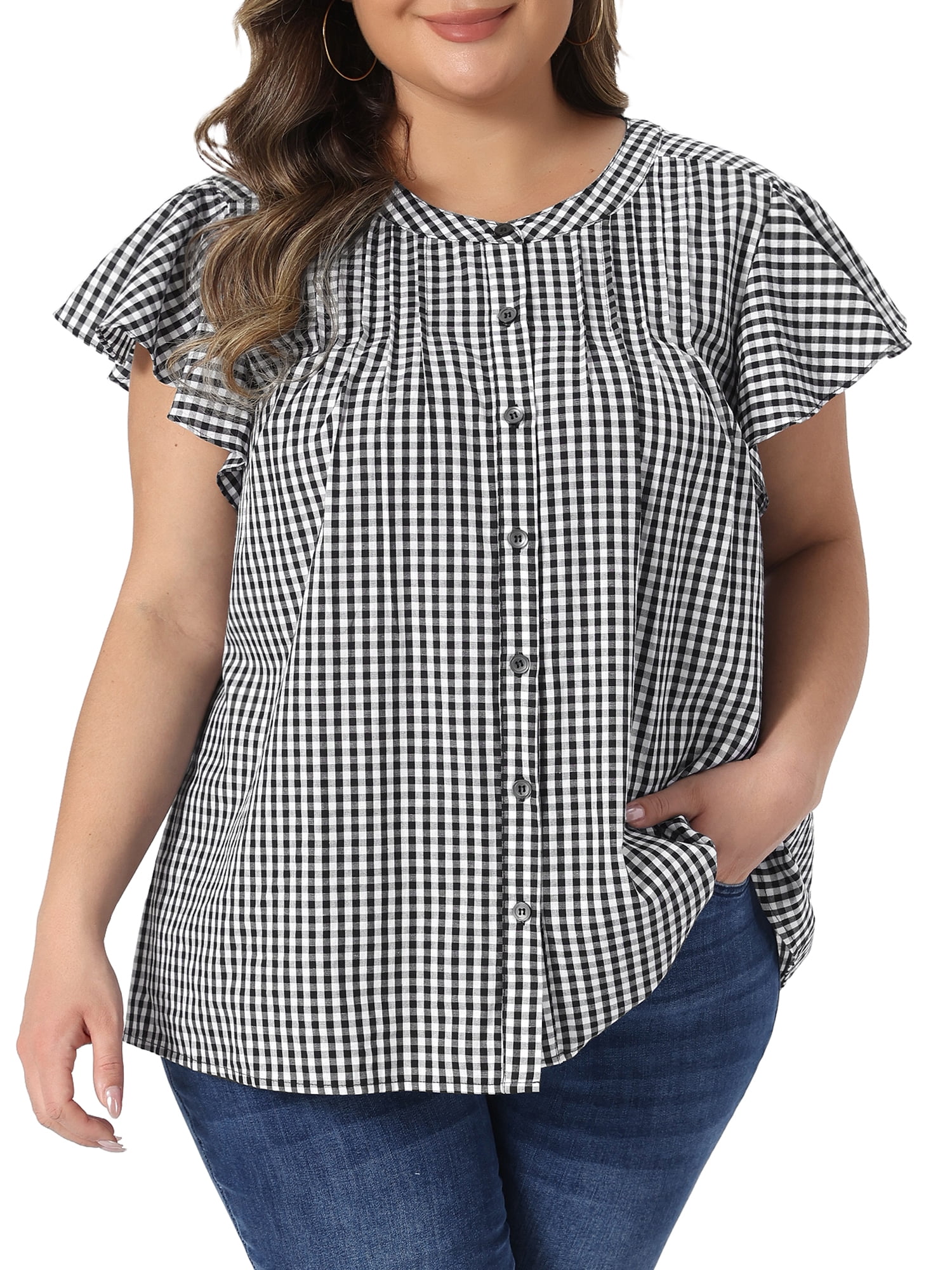 DARING DIVA Women's Plus Button Down Round Neck Ruffle Sleeve Plaid Tops 2X Black