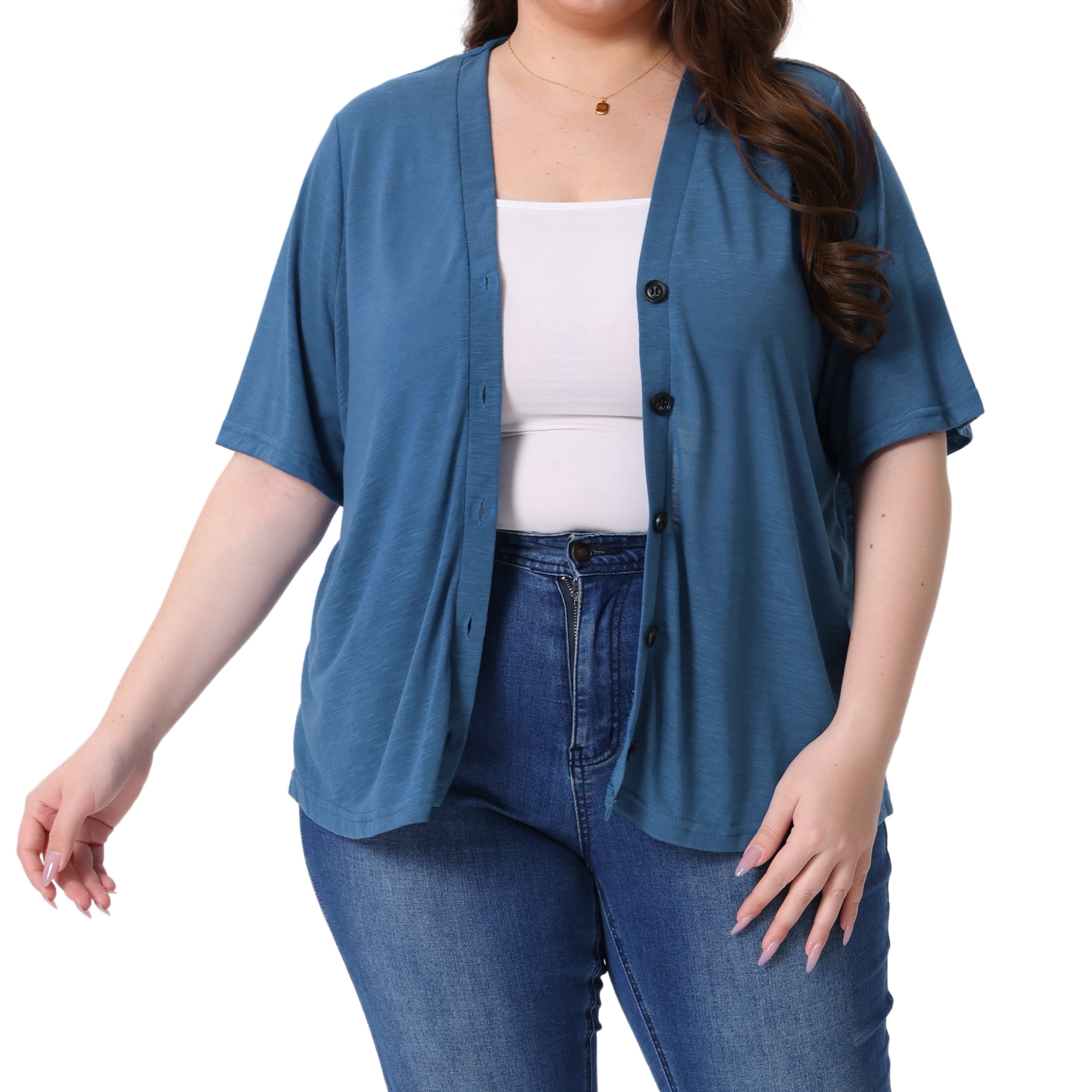 DARING DIVA Women's Plus Button Down Sheer Knitted Sweater 1X Blue