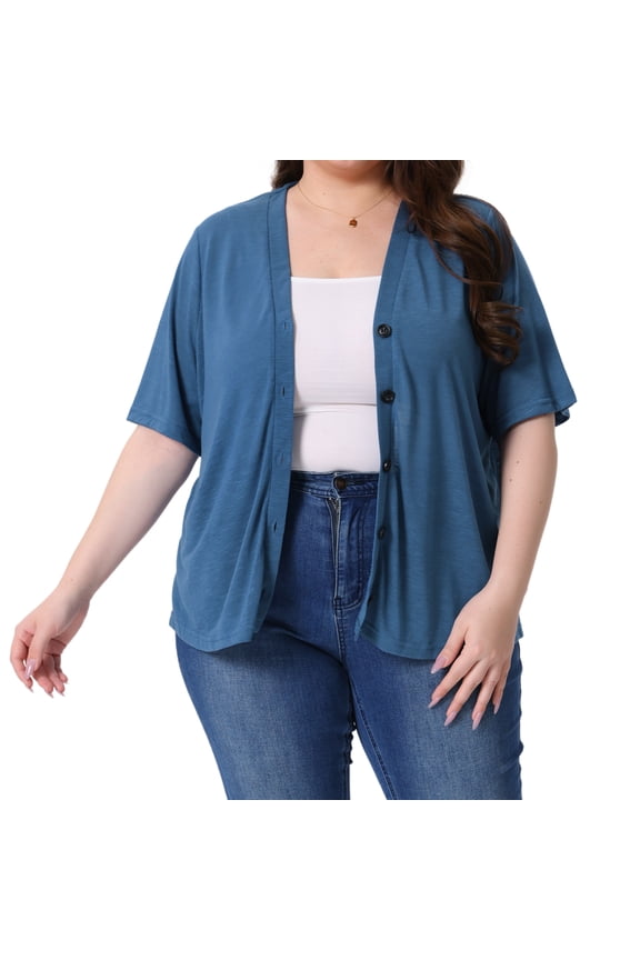 Women's Plus Button Down Sheer Knitted Sweater 2X Blue