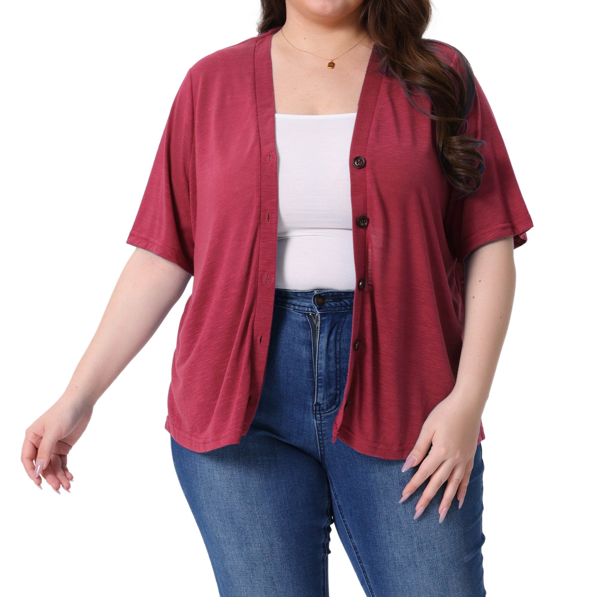 DARING DIVA Women's Plus Button Down Sheer Knitted Sweater 4X Burgundy