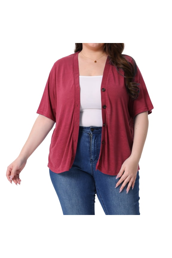 Women's Plus Button Down Sheer Knitted Sweater 4X Burgundy