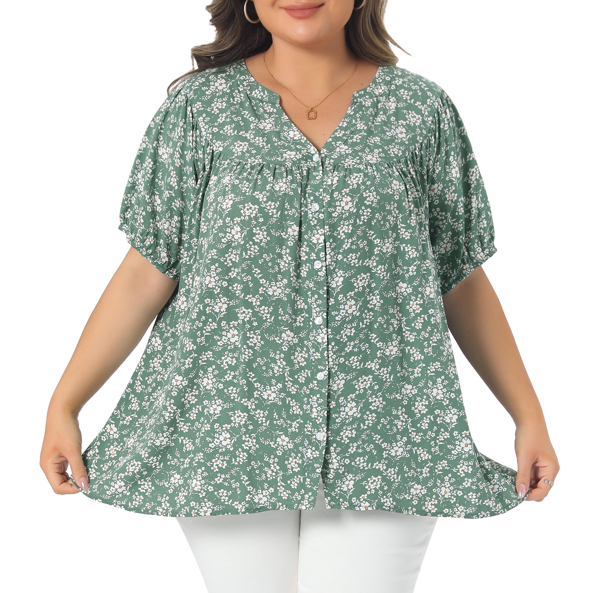 DARING DIVA Women's Plus Button Down Short Sleeve Casual V Neck Summer Tops 4X Green