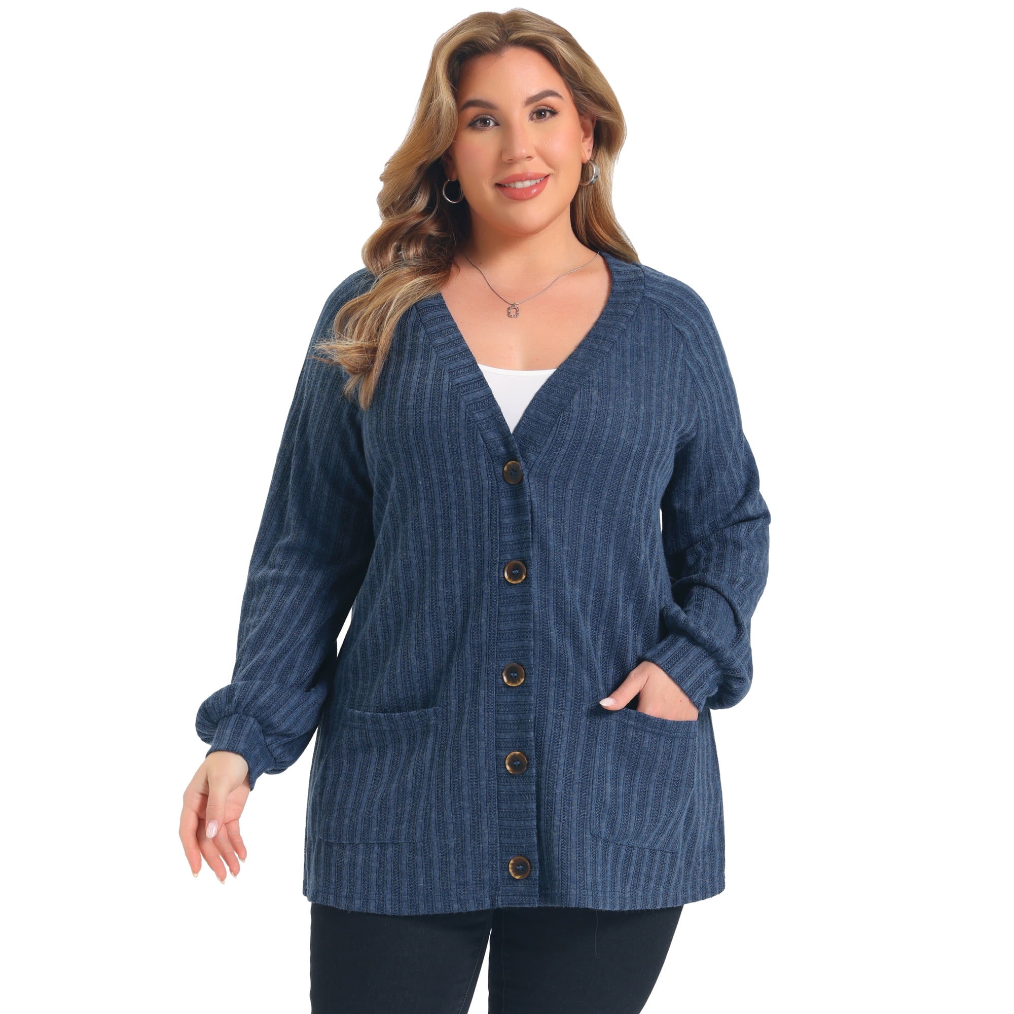 DARING DIVA Women's Plus Button Down V Neck Lantern Cardigan 2X Navy Blue