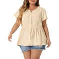 thumbnail image 1 of DARING DIVA Women's Plus Button Down V Neck Short Sleeve Flare Top 3X Beige, 1 of 6