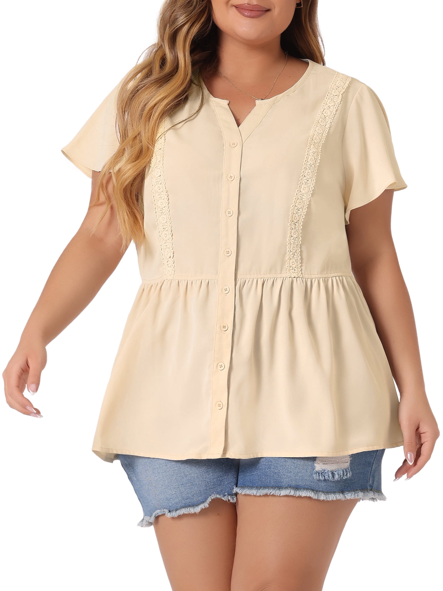 DARING DIVA Women's Plus Button Down V Neck Short Sleeve Flare Top 4X Beige