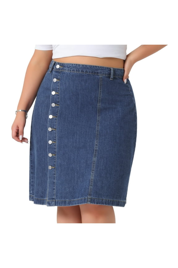 Women's Plus Button Front High Waist A Line Midi Jean Skirt 2X Blue