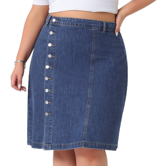 DARING DIVA Women's Plus Button Front High Waist A Line Midi Jean Skirt 2X Blue