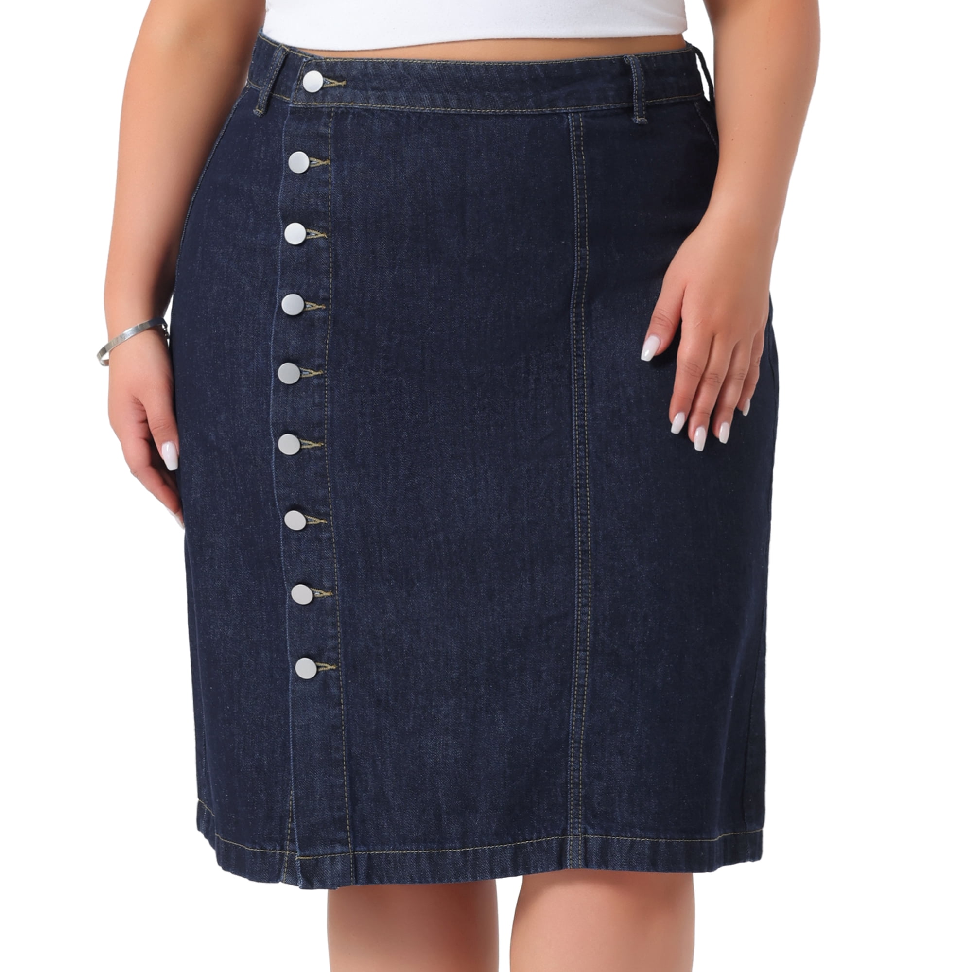 DARING DIVA Women's Plus Button Front High Waist A Line Midi Jean Skirt 2X Dark Blue