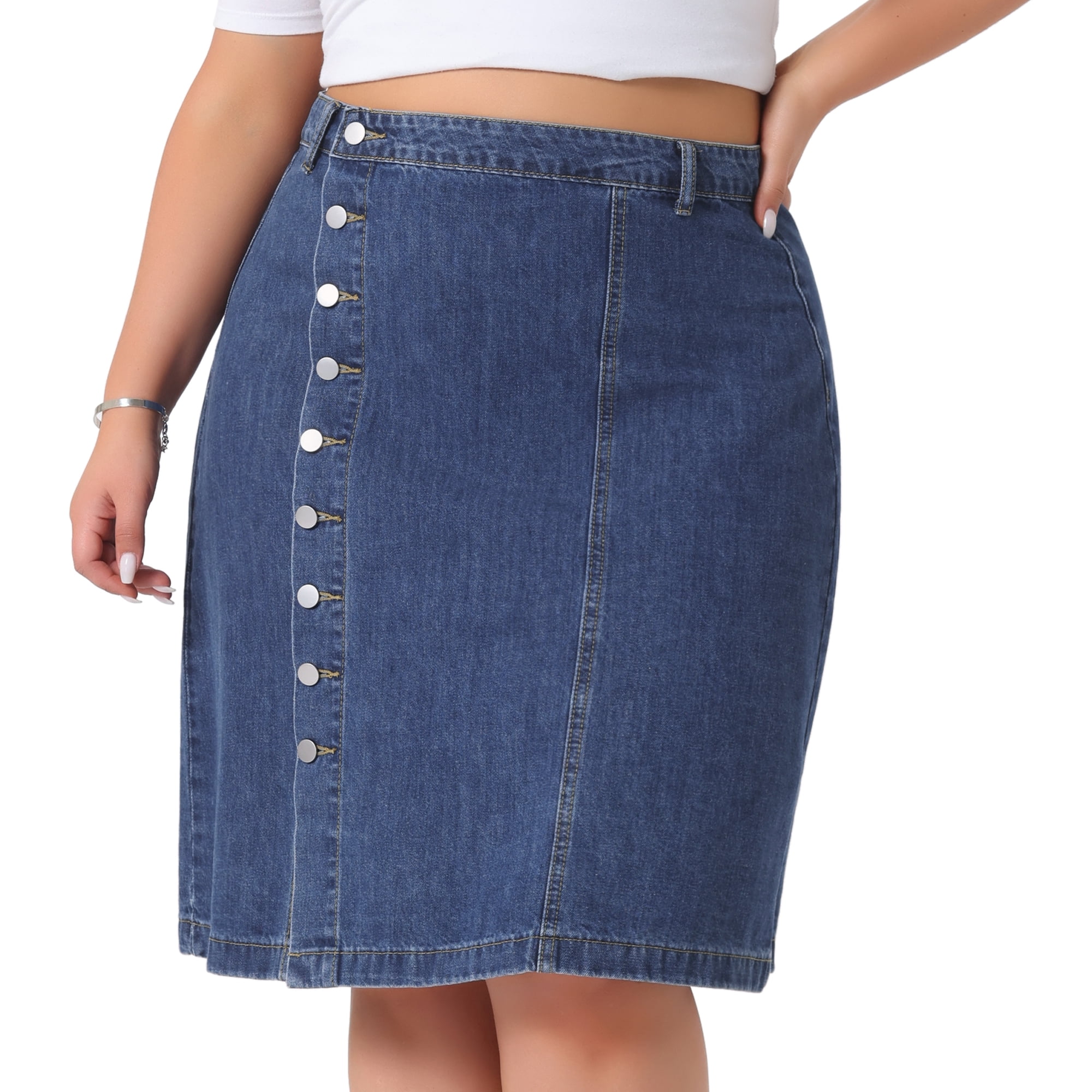 DARING DIVA Women's Plus Button Front High Waist A Line Midi Jean Skirt 4X Blue