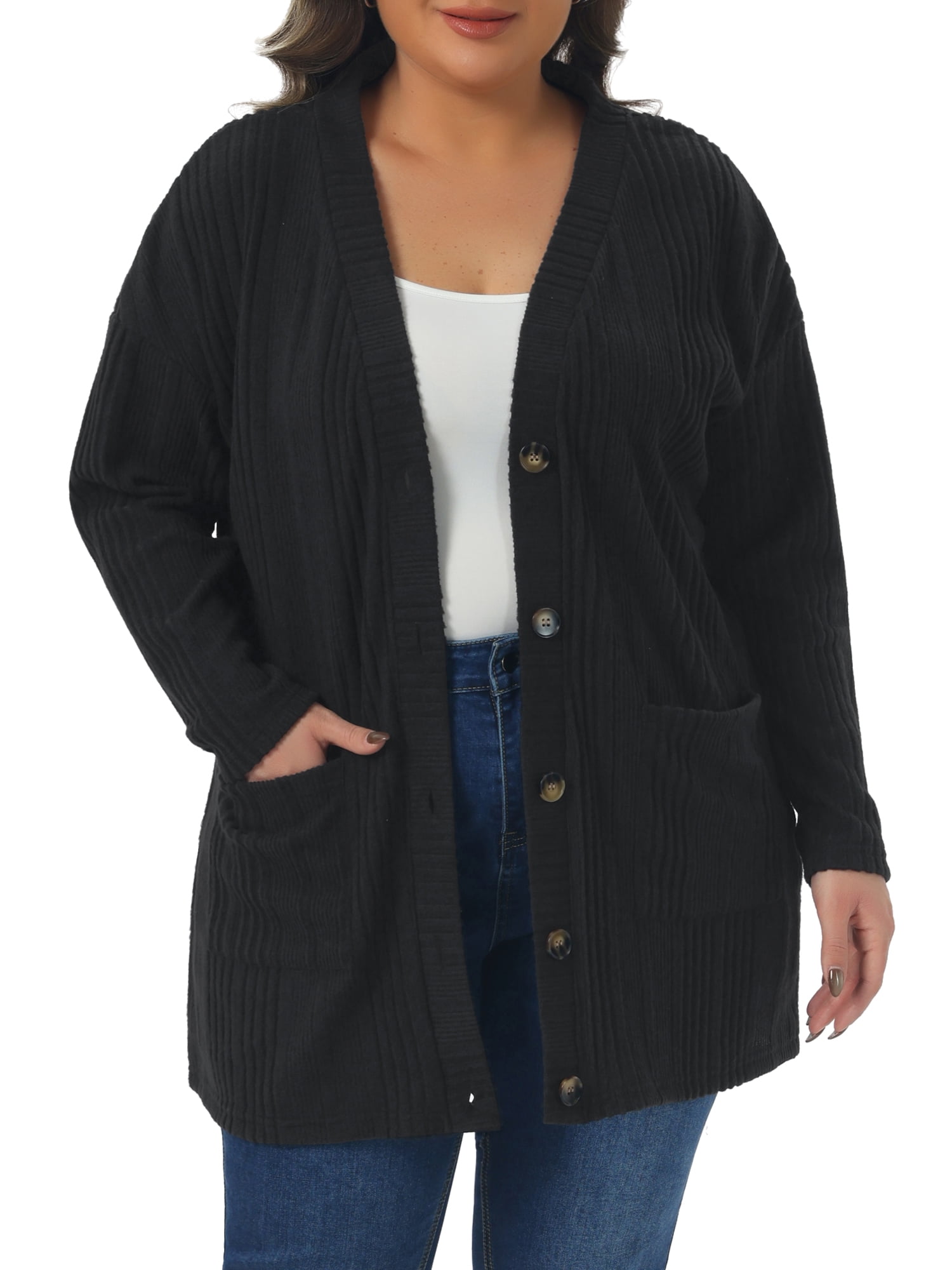 DARING DIVA Women's Plus Button V Neck Knit Cardigan with Pockets 2X Black