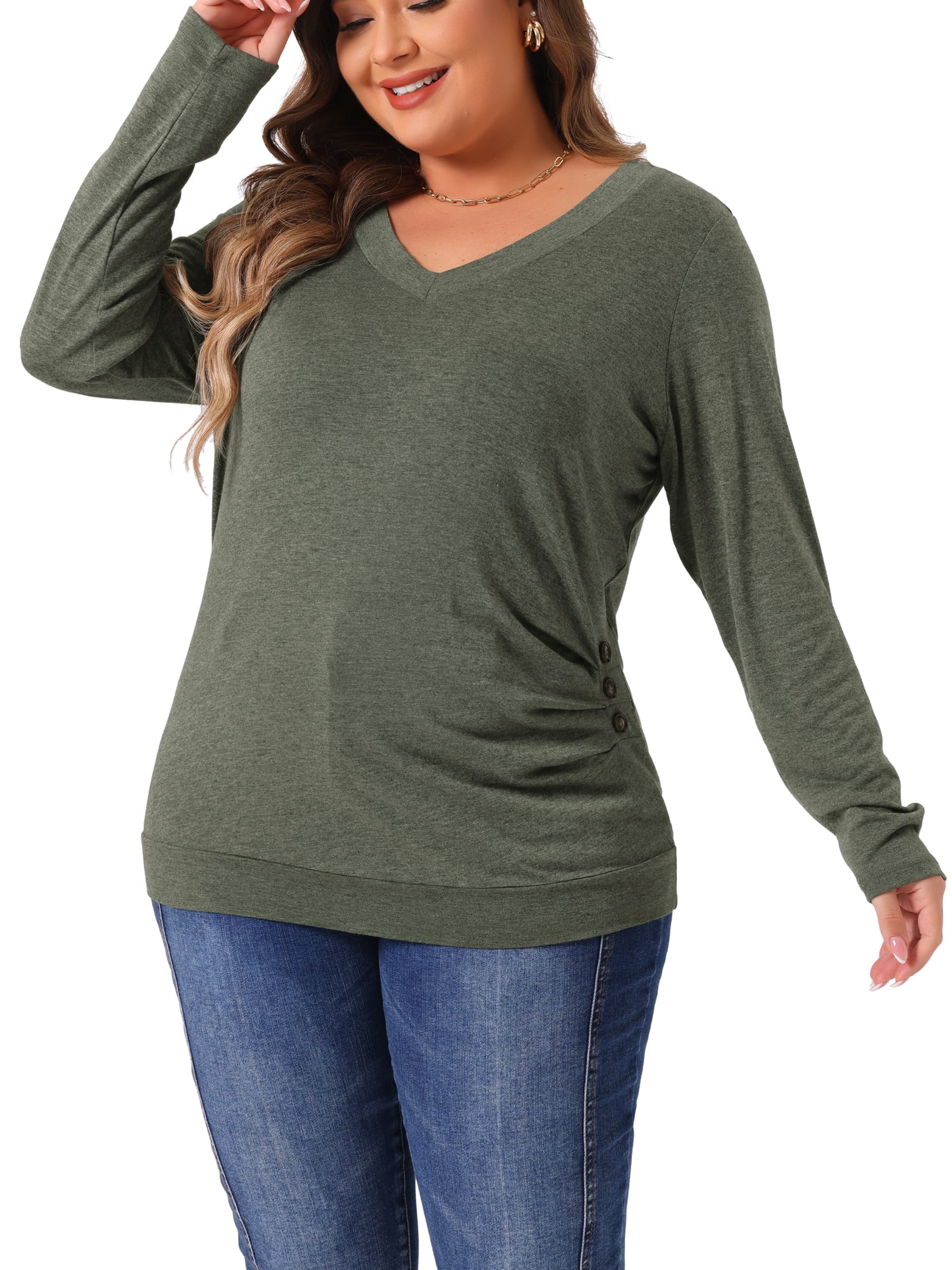 DARING DIVA Women's Plus Buttons Decor Ruched Casual Blouses 1X Green