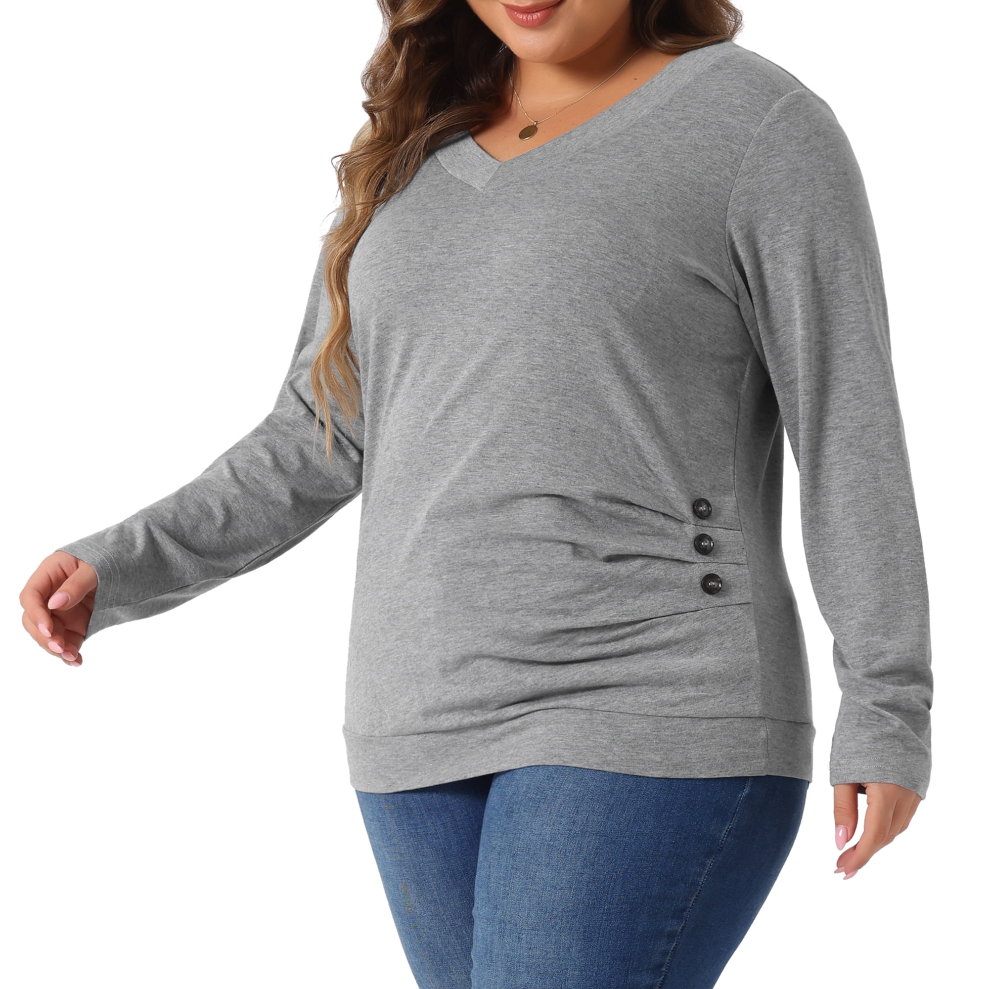 DARING DIVA Women's Plus Buttons Decor Ruched Casual Blouses 3X Grey