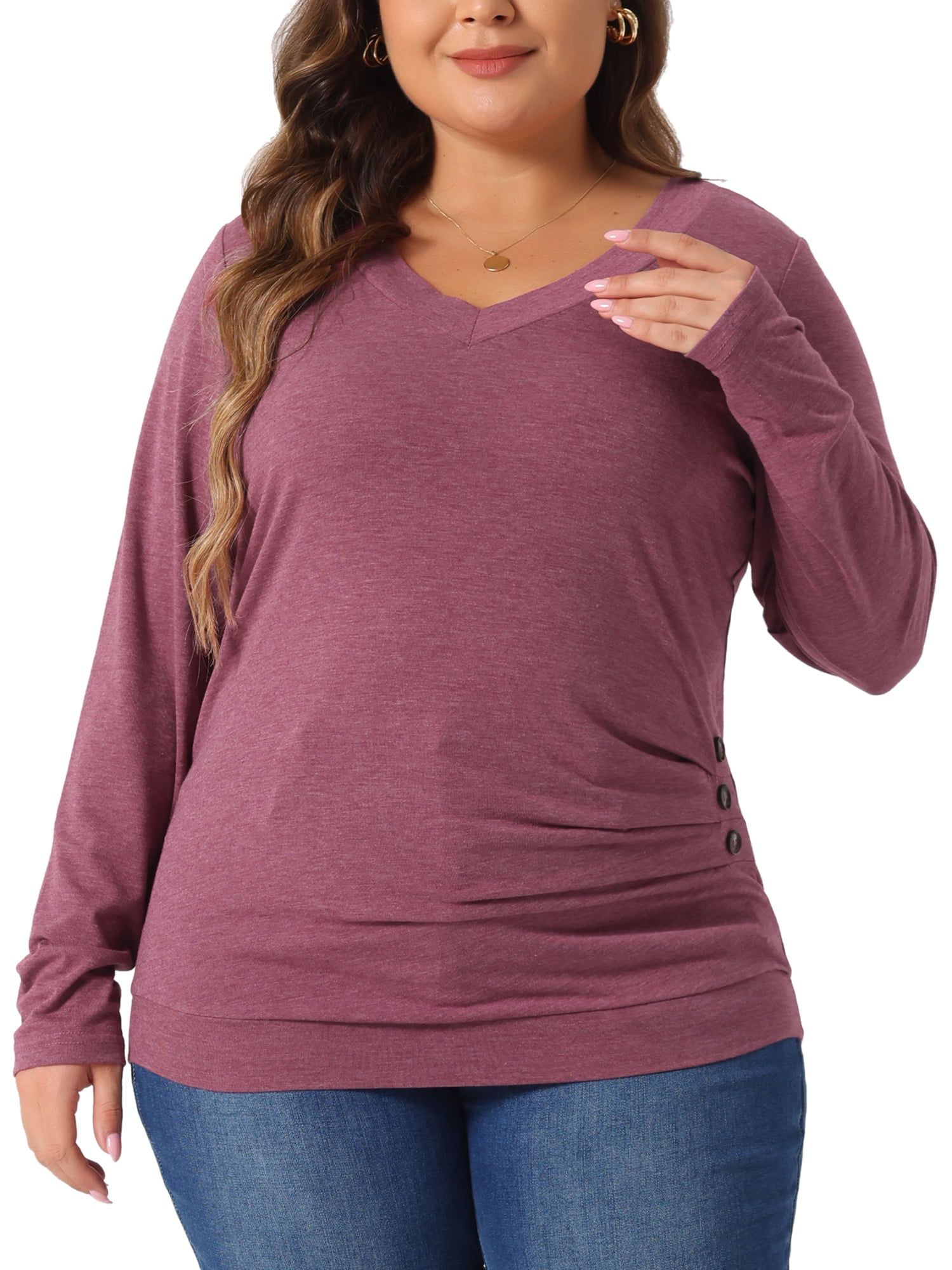 DARING DIVA Women's Plus Buttons Decor Ruched Casual Blouses 4X Purple Red