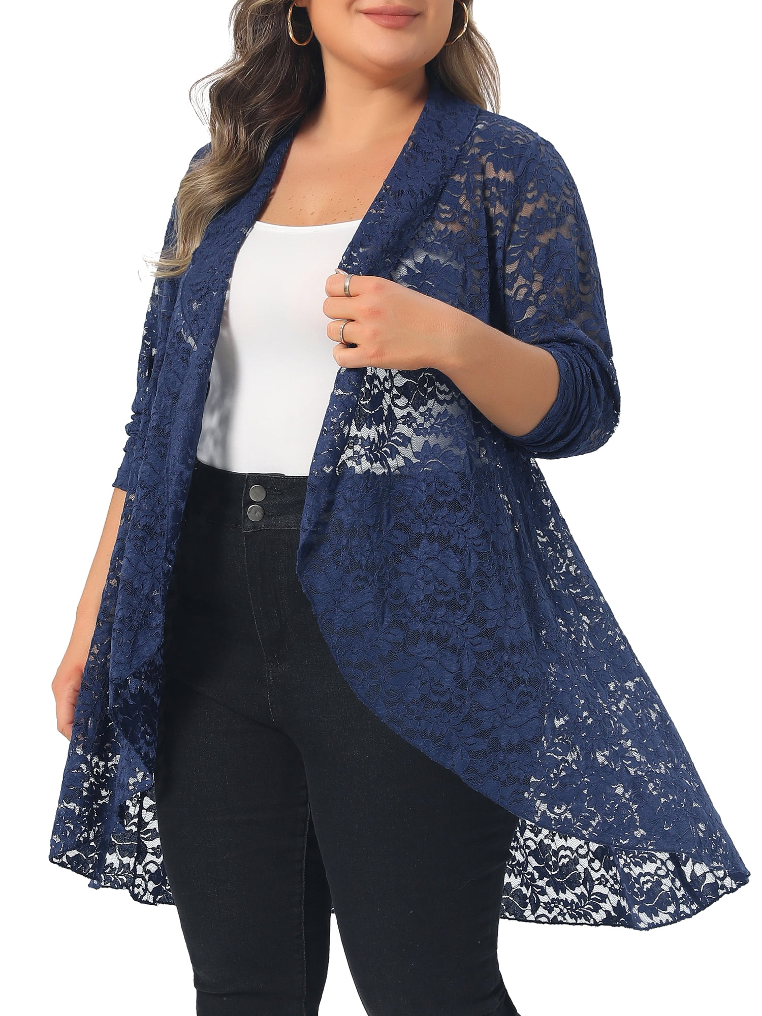 DARING DIVA Women's Plus Cardigan Open Front  Sheer Lace Crochet Cover Up 3X Navy Blue
