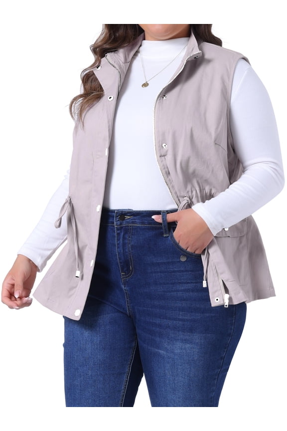 Women's Plus Cargo Drawstring Waist Sleeveless Jacket 1X Light Gray