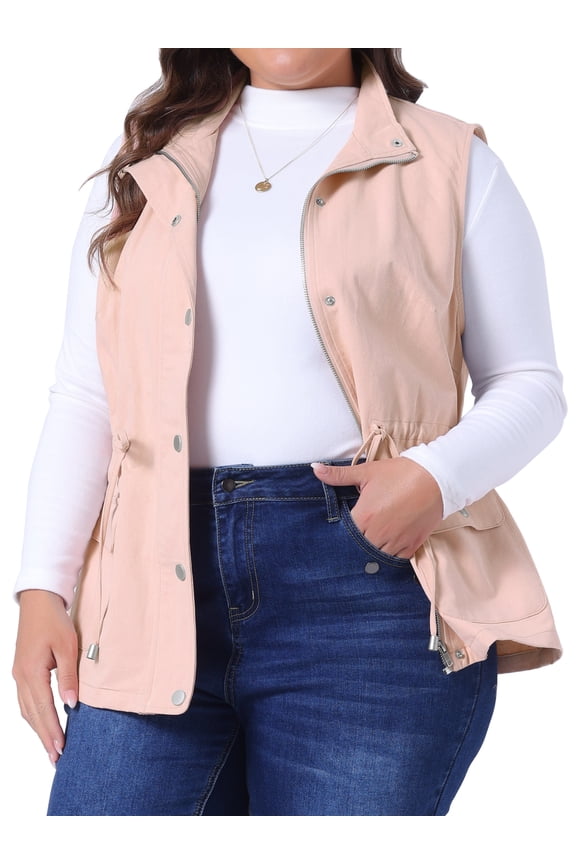 Women's Plus Cargo Drawstring Waist Sleeveless Jacket 2X Pink