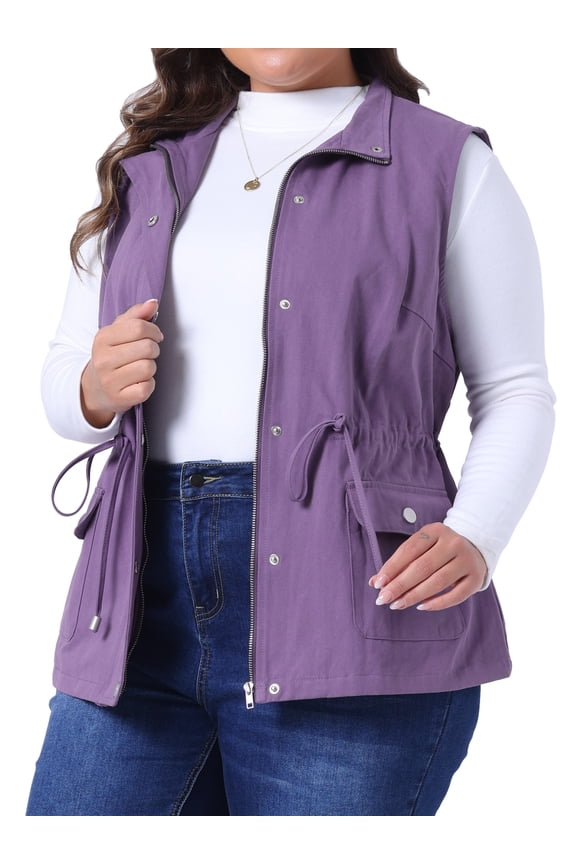 Women's Plus Cargo Drawstring Waist Sleeveless Jacket 2X Purple
