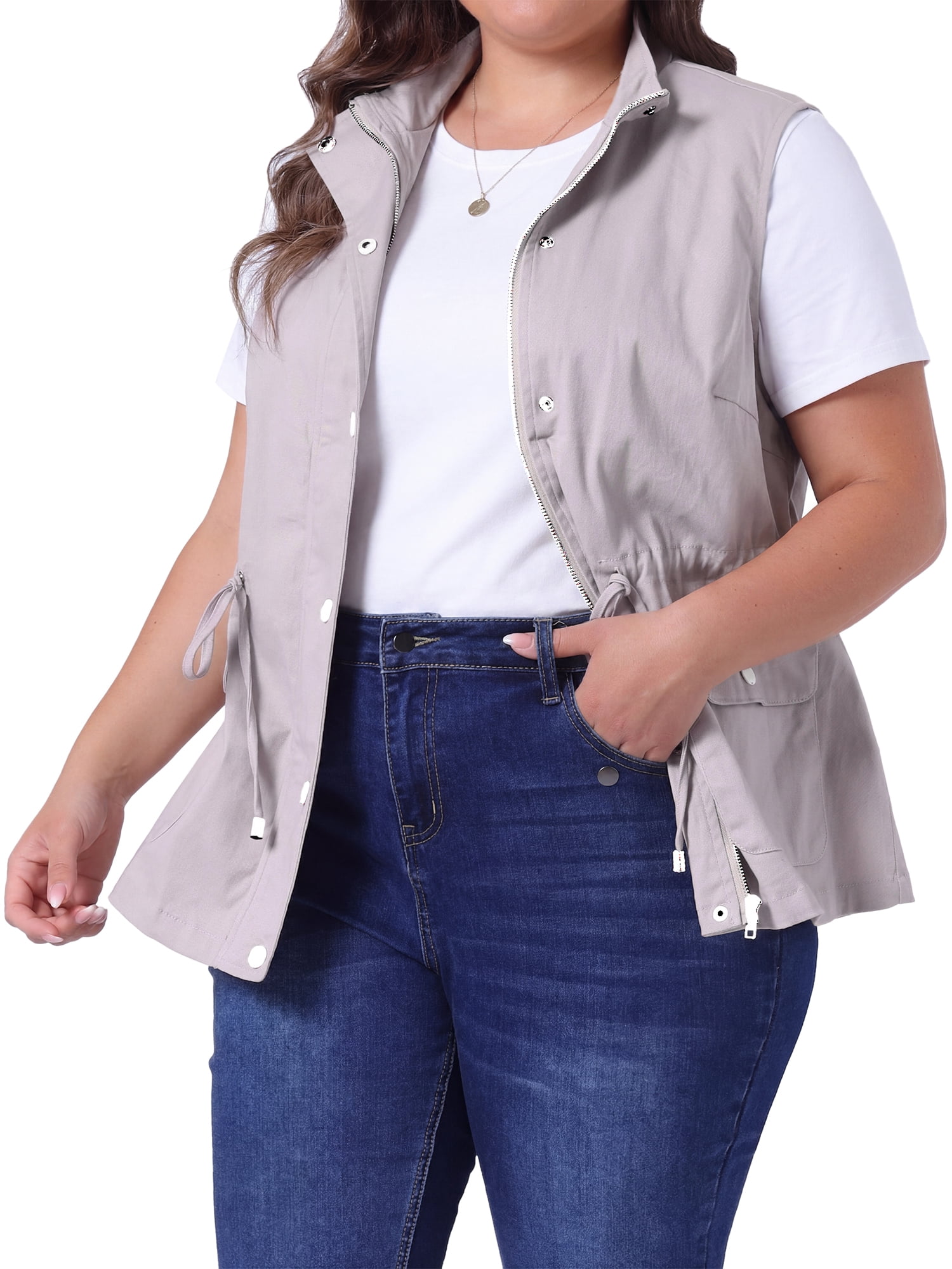 DARING DIVA Women's Plus Size Lightweight Sleeveless Anorak Cargo Vest 3X Light Gray