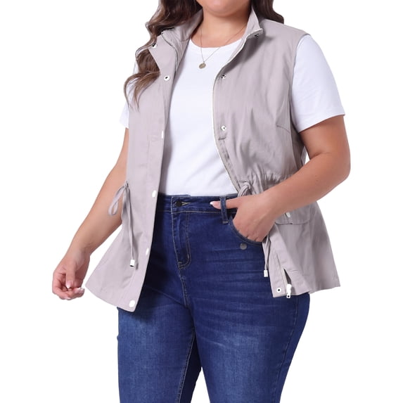 DARING DIVA Women's Plus Size Lightweight Sleeveless Anorak Cargo Vest 4X Light Gray
