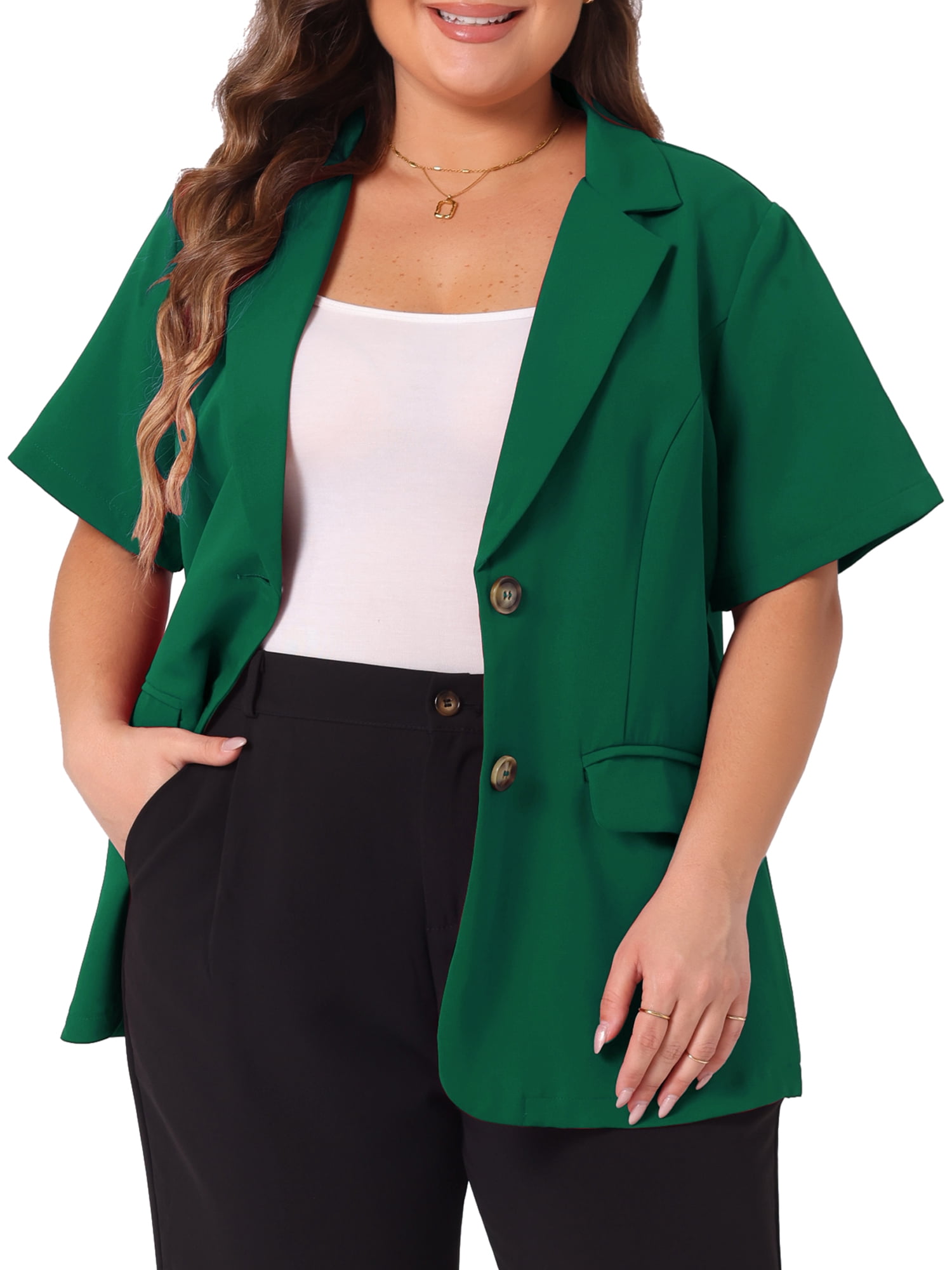 DARING DIVA Women's Plus Casual Blazers Short Sleeve Notched Lapel Blazer 2X Dark Green