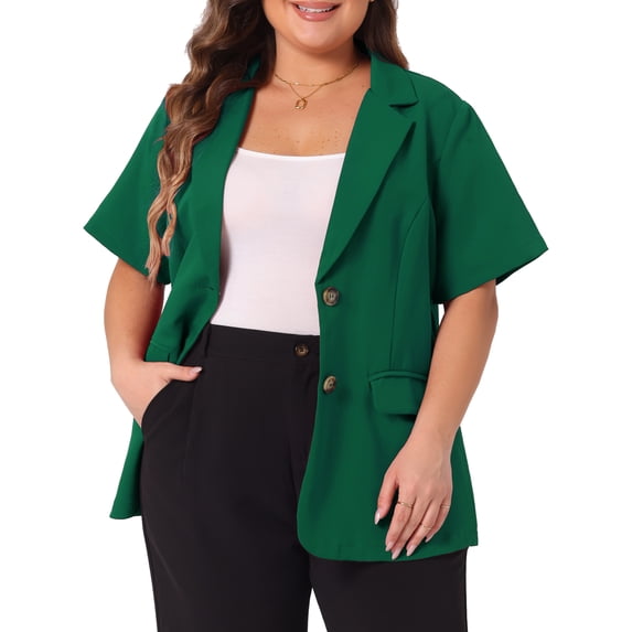 DARING DIVA Women's Plus Casual Blazers Short Sleeve Notched Lapel Blazer 2X Dark Green
