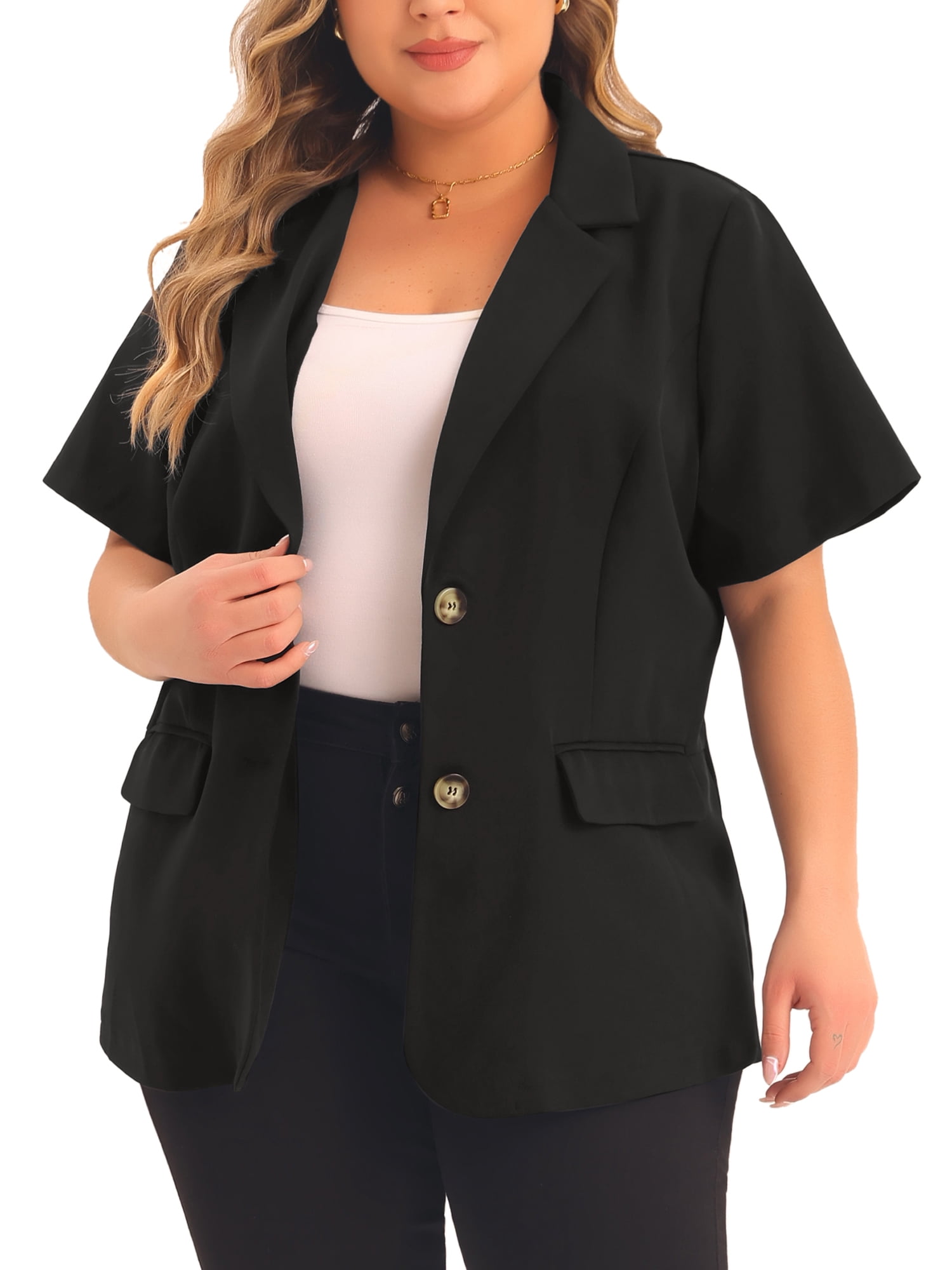 DARING DIVA Women's Plus Casual Blazers Short Sleeve Notched Lapel Blazer 3X Black