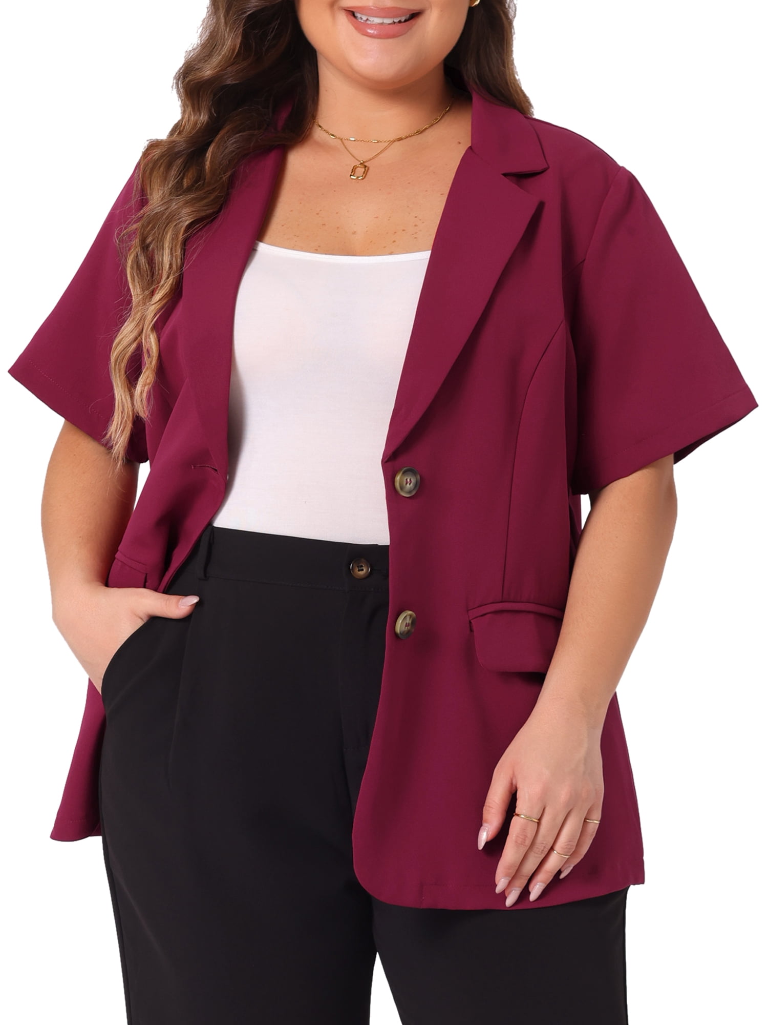 DARING DIVA Women's Plus Casual Blazers Short Sleeve Notched Lapel Blazer 1X Burgundy