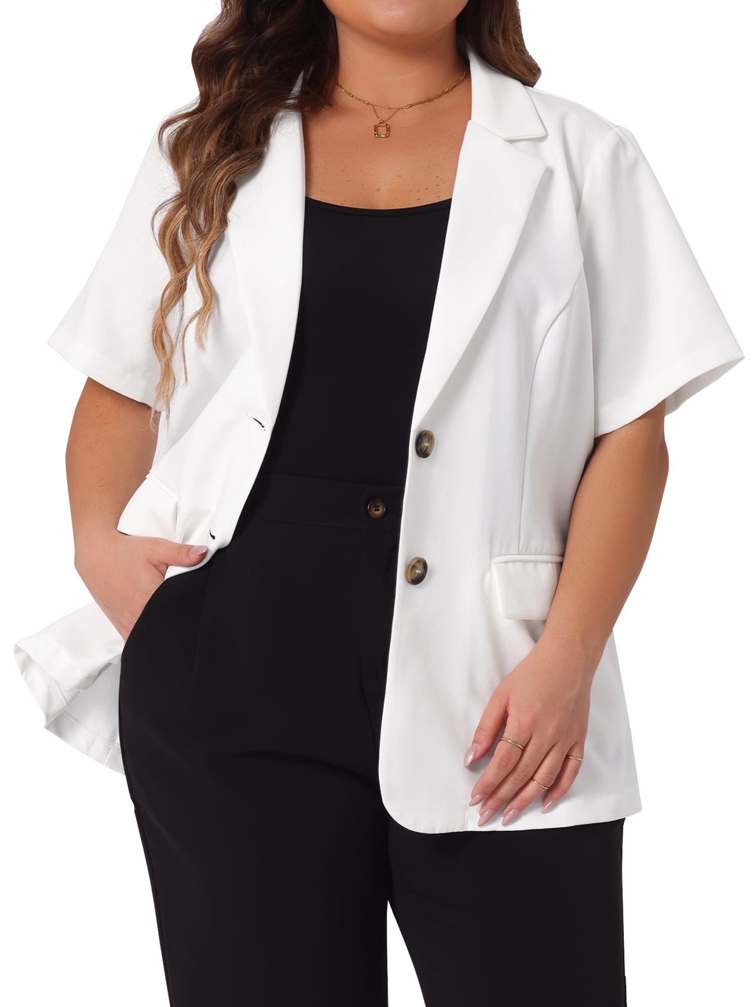 DARING DIVA Women's Plus Casual Blazers Short Sleeve Notched Lapel Blazer 2X White