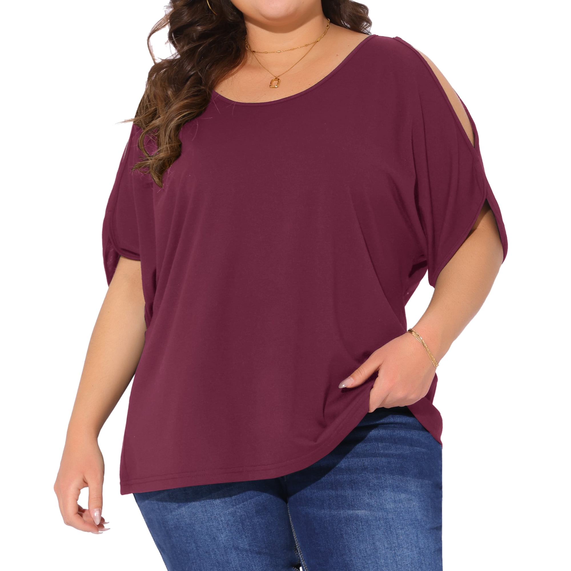 DARING DIVA Women's Plus Casual Crew Neck Cold Shoulder Summer Blouse 4X Burgundy