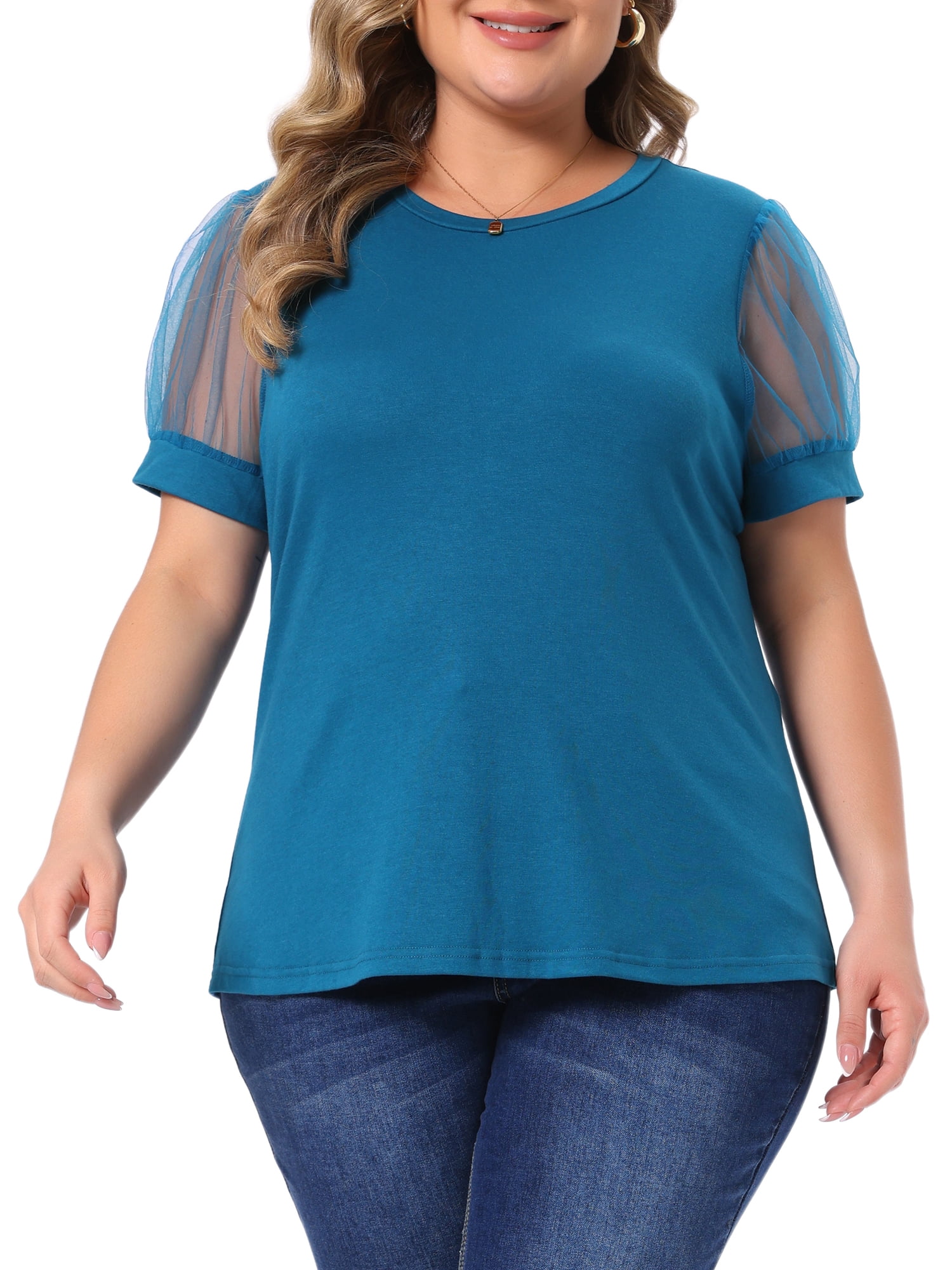 DARING DIVA Women's Plus Casual Crew Neck Mesh T Shirt Blouse Tops 2X Blue