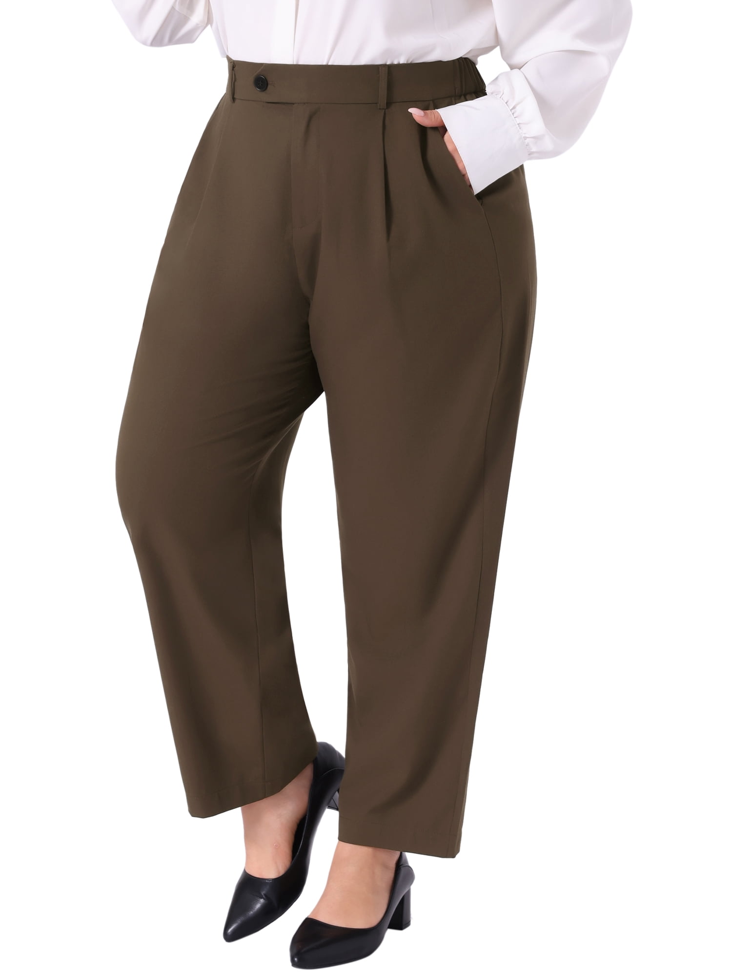 DARING DIVA Women's Plus Casual Elastic High Waisted Long Straight Pants 2X Coffee