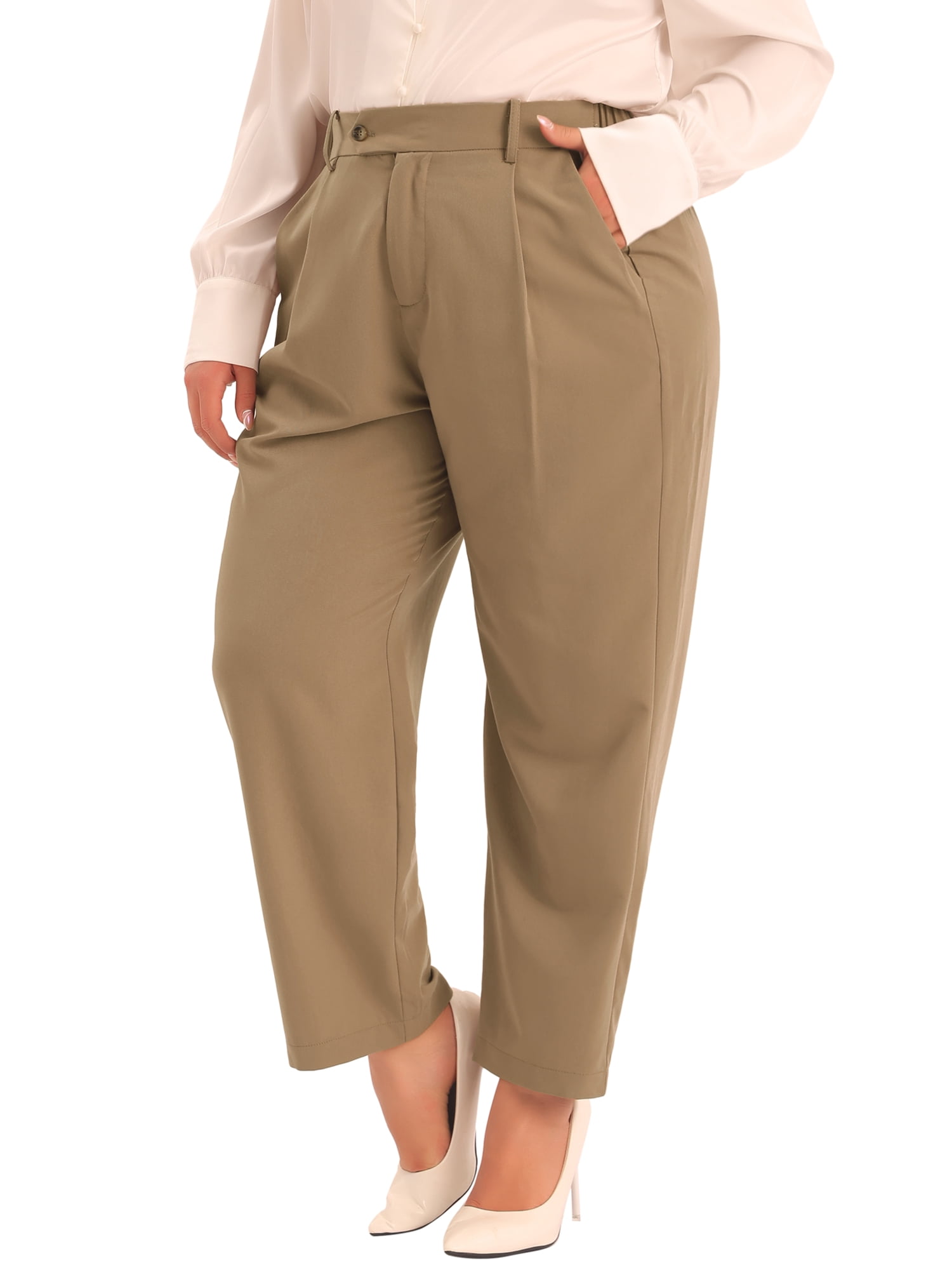 DARING DIVA Women's Plus Casual Elastic High Waisted Long Straight Pants 6X Khaki