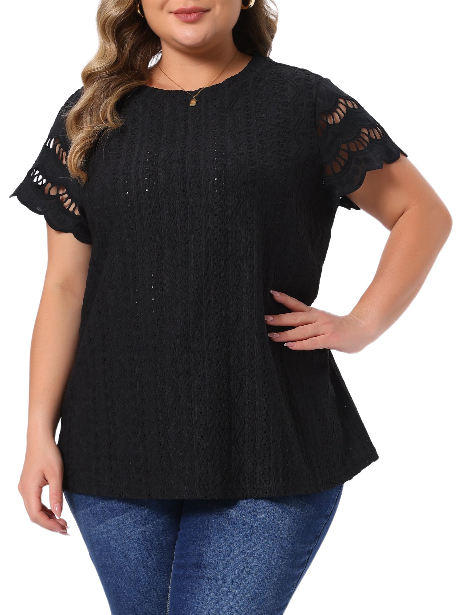 DARING DIVA Women's Plus Casual Lace Panel Hollow Dressy Eyelet Blouses 3X Black
