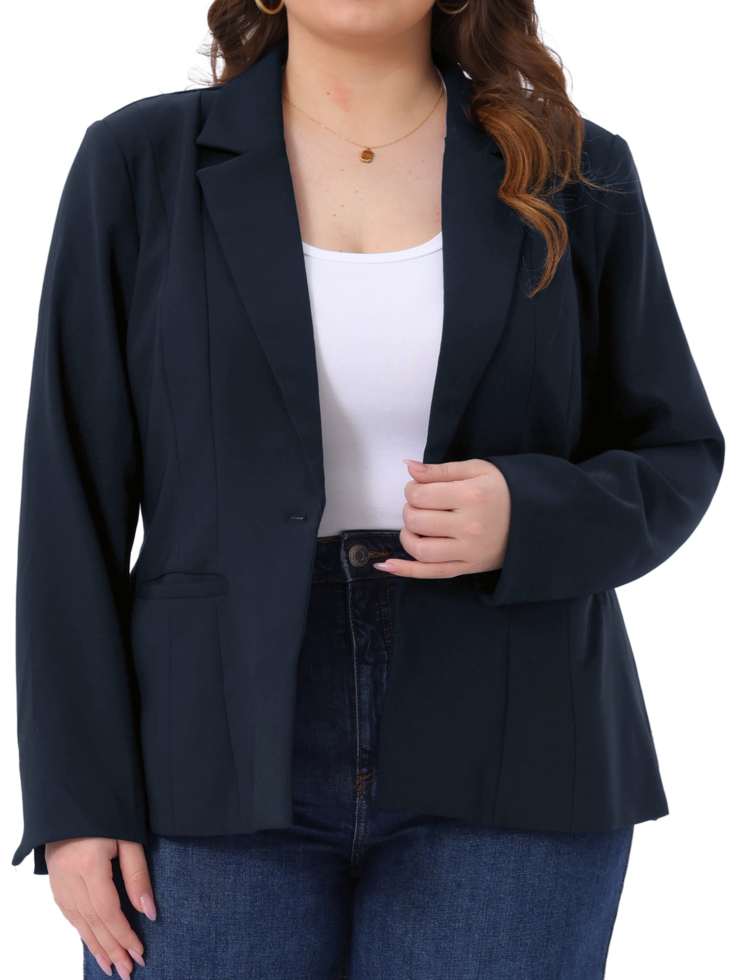DARING DIVA Women's Plus Casual Long Sleeve Notched Lapel Business Blazer 3X Dark Blue