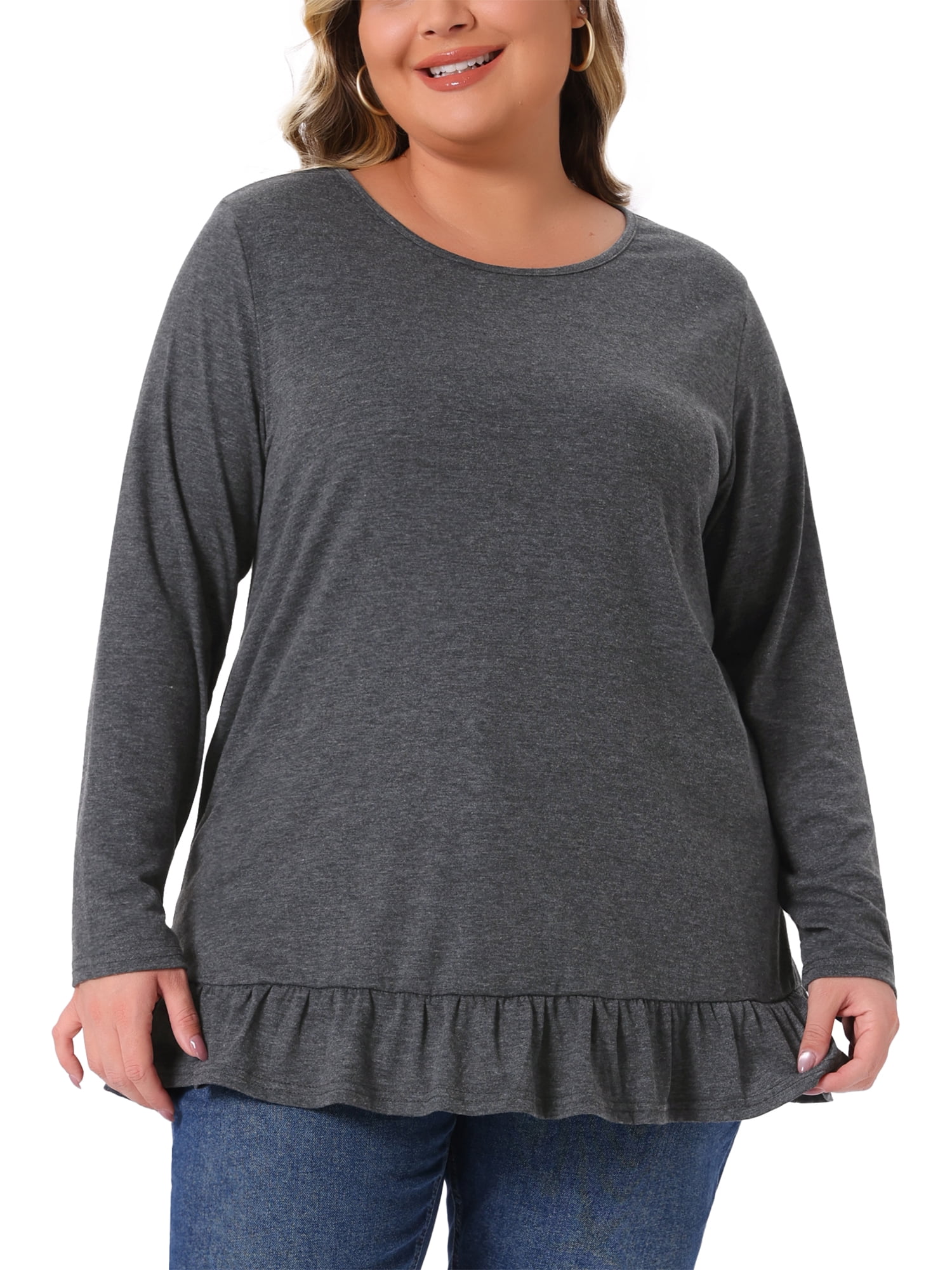 DARING DIVA Women's Plus Casual Long Sleeve Ruffled Hem Blouse 1X Dark Gray