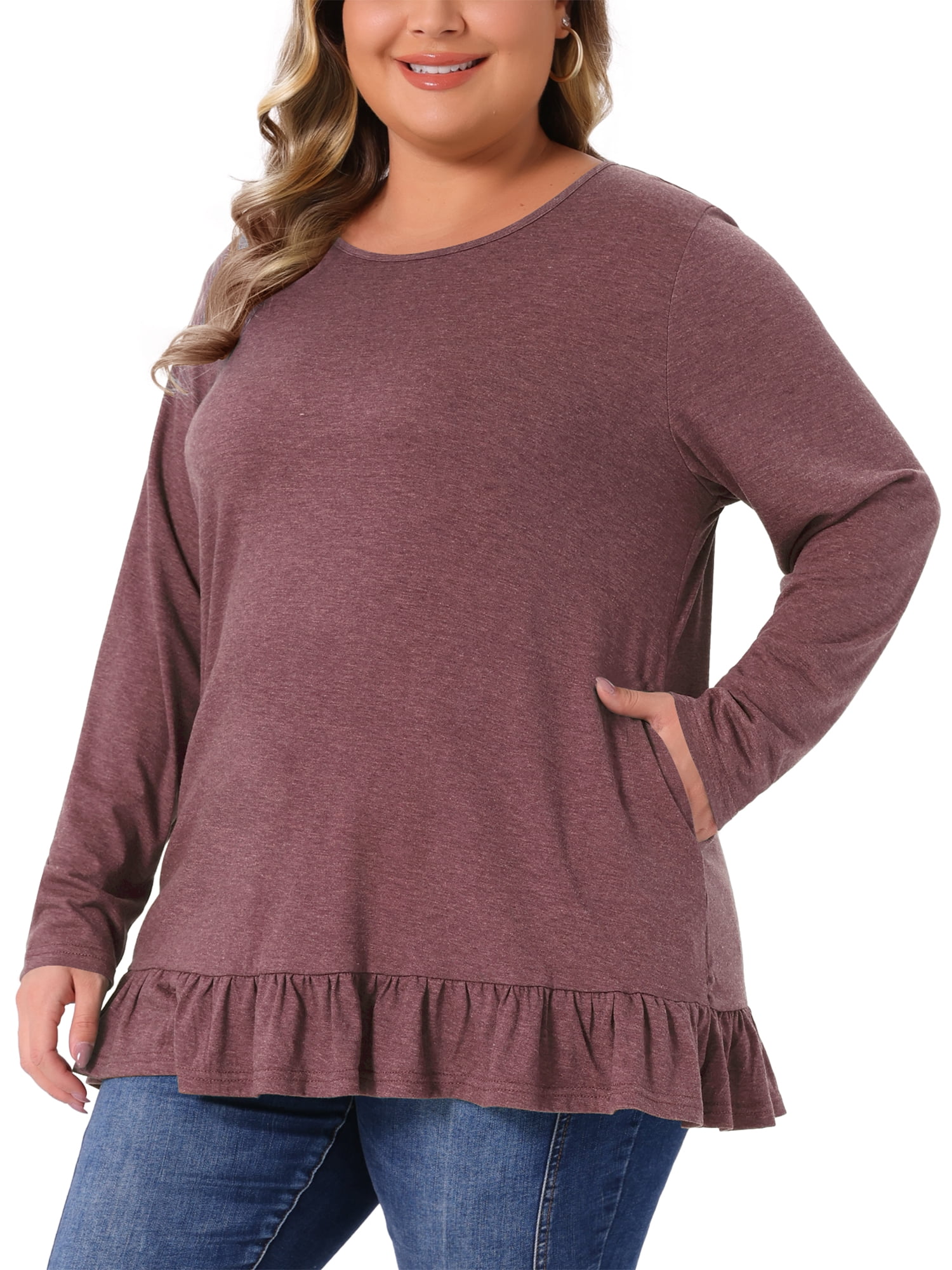 DARING DIVA Women's Plus Casual Long Sleeve Ruffled Hem Blouse 3X Burgundy