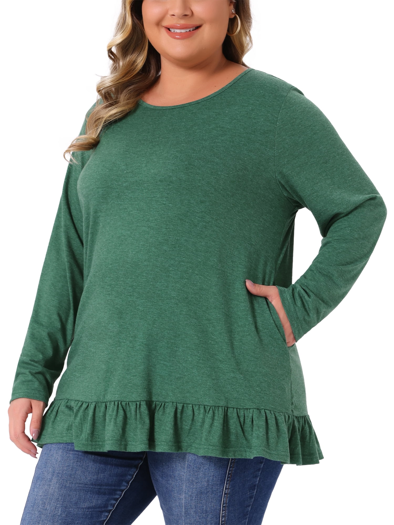 DARING DIVA Women's Plus Casual Long Sleeve Ruffled Hem Blouse 4X Green