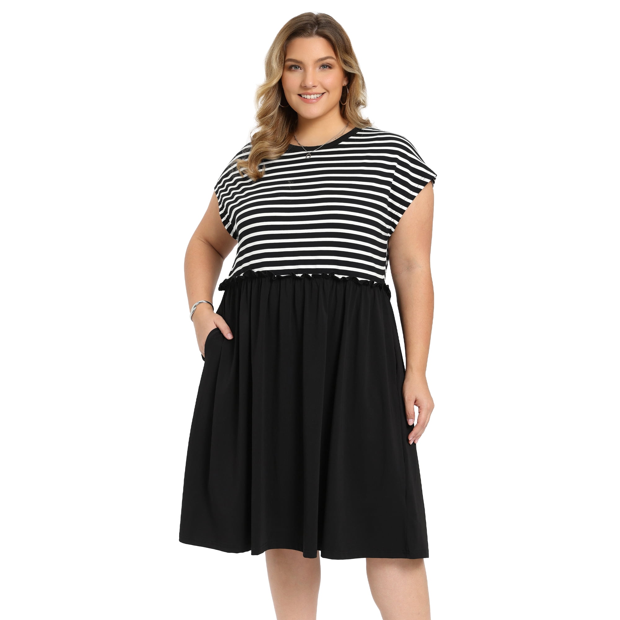 DARING DIVA Women's Plus Casual Midi A-Line and Striped Dress 2X Black