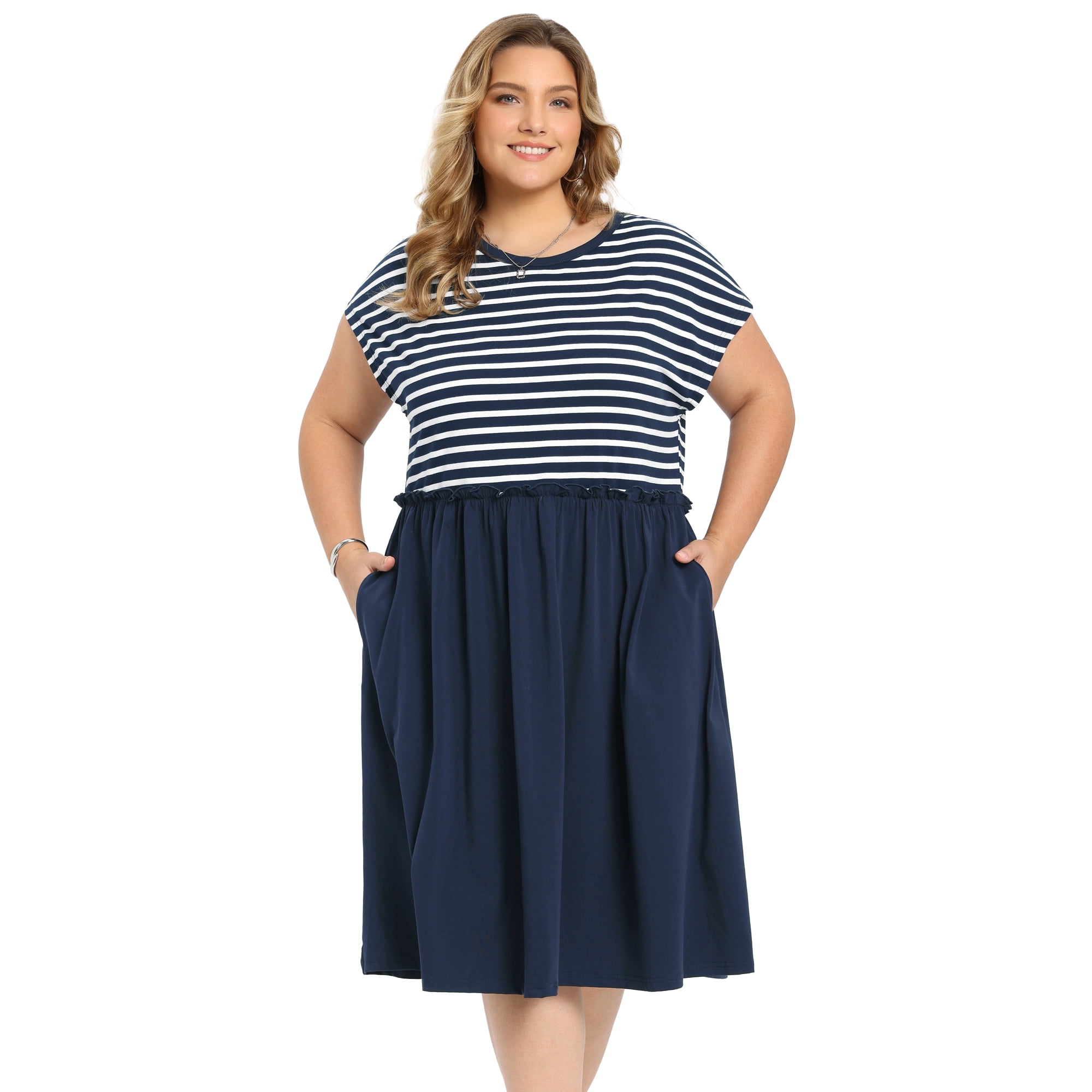 DARING DIVA Women's Plus Casual Midi A-Line and Striped Dress 3X Navy Blue