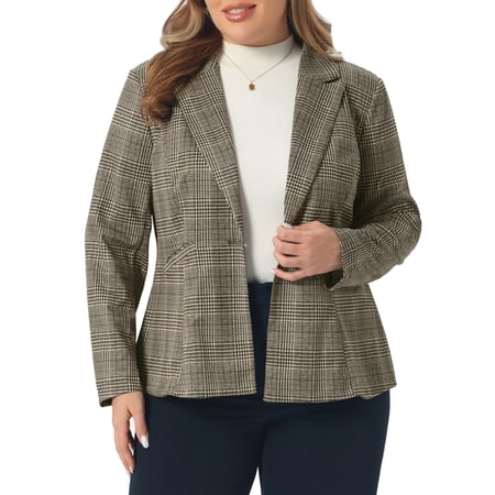 DARING DIVA Women's Plus Casual Plaid Notched Lapel Button Jacket 1X Brown