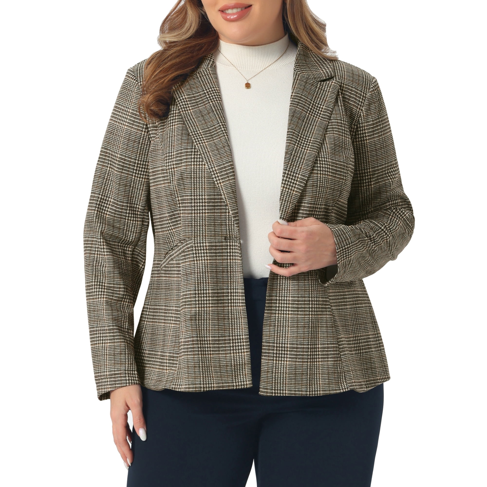 DARING DIVA Women's Plus Casual Plaid Notched Lapel Button Jacket 3X Brown