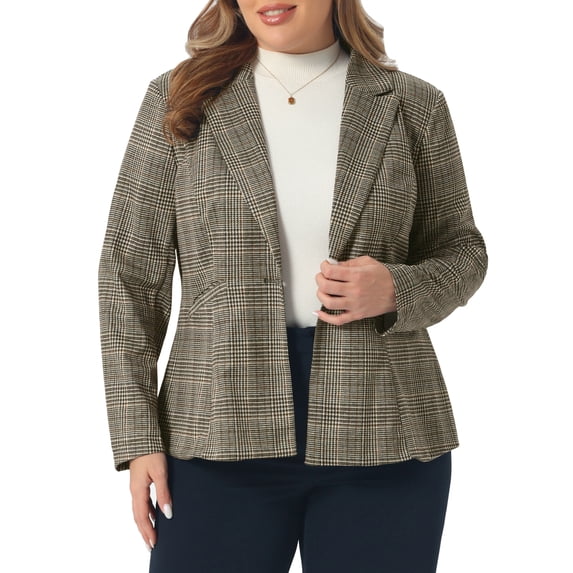 DARING DIVA Women's Plus Casual Plaid Notched Lapel Button Jacket 3X Brown
