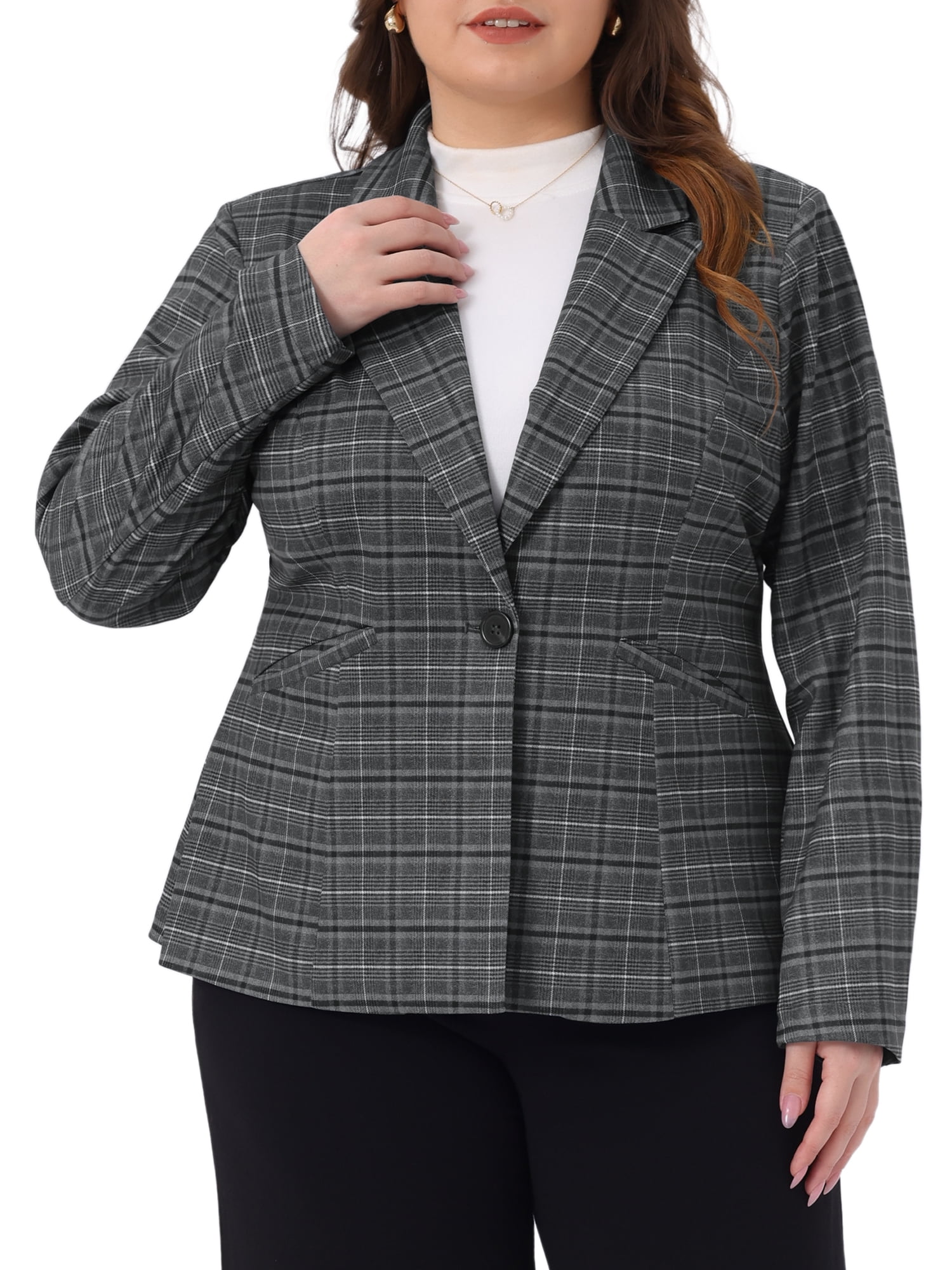DARING DIVA Women's Plus Casual Plaid Notched Lapel Button Jacket 4X Gray