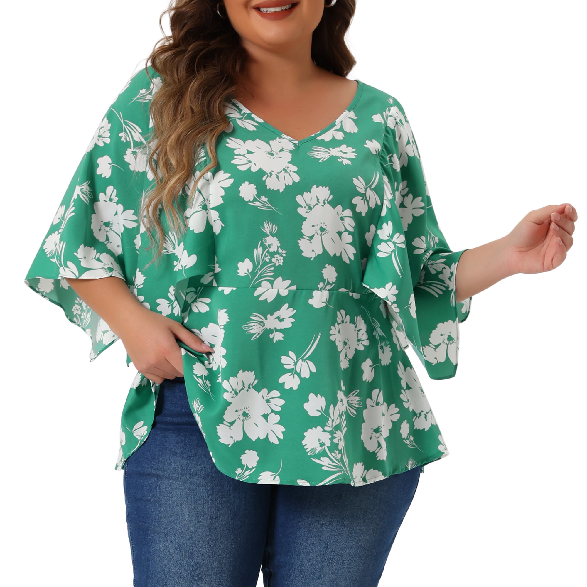 DARING DIVA Women's Plus Floral Flowy Sleeve Chiffon Blouses 3X Green